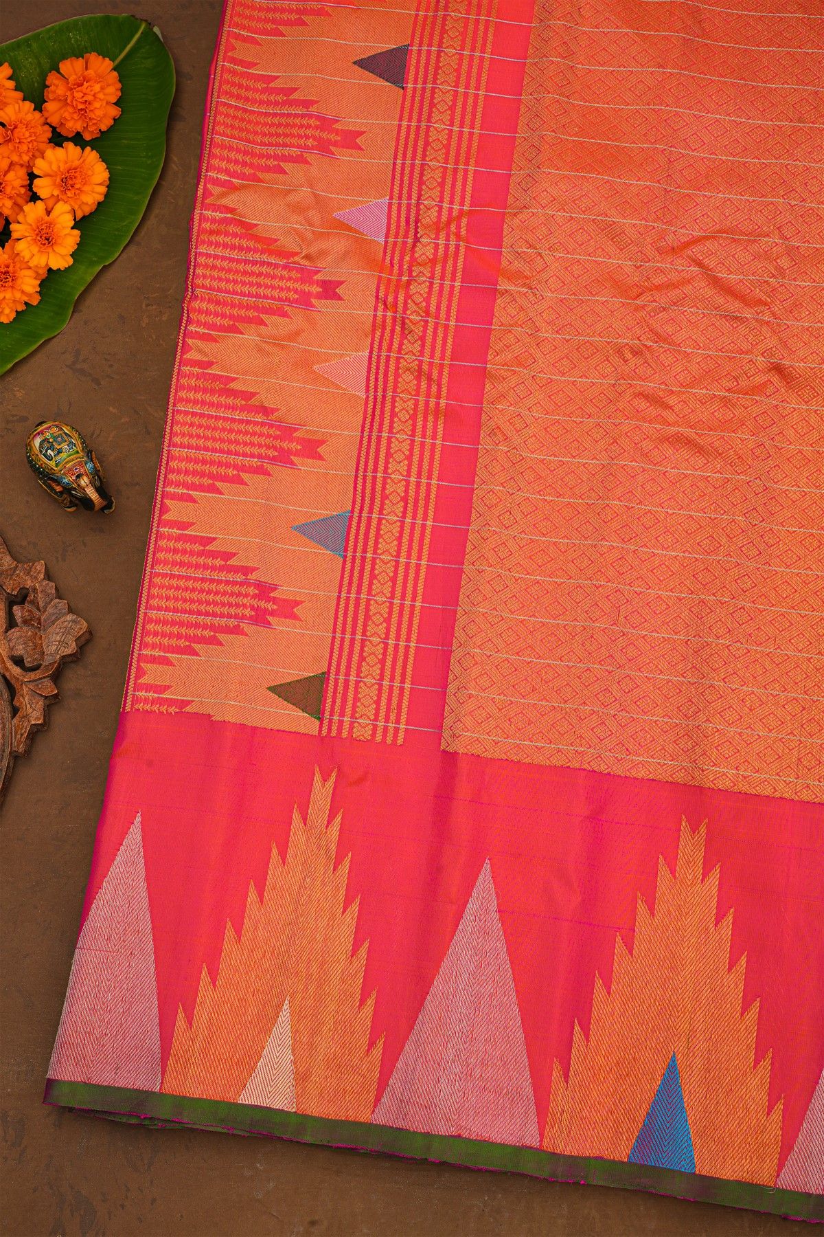 Gadwal Silk Rani Pink Saree With Elegant Temple Border
