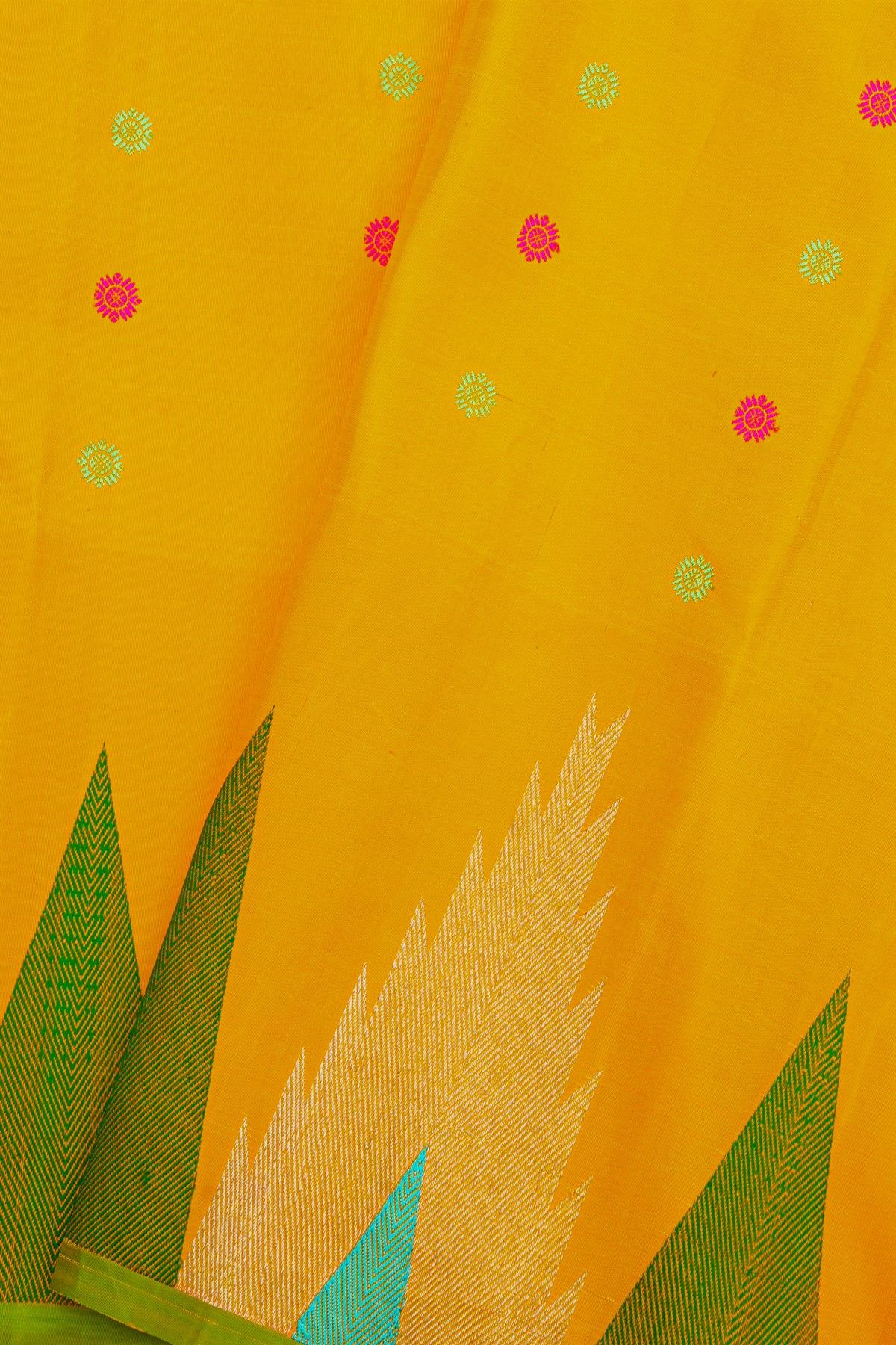 Gadwal Silk Yellow Saree With Florals Body And Temple Border