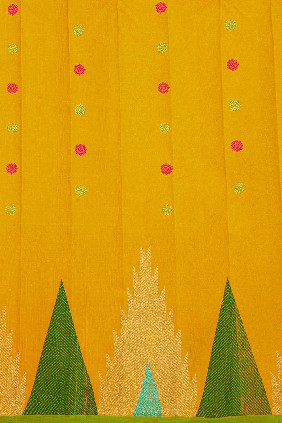 Gadwal Silk Yellow Saree With Florals Body And Temple Border