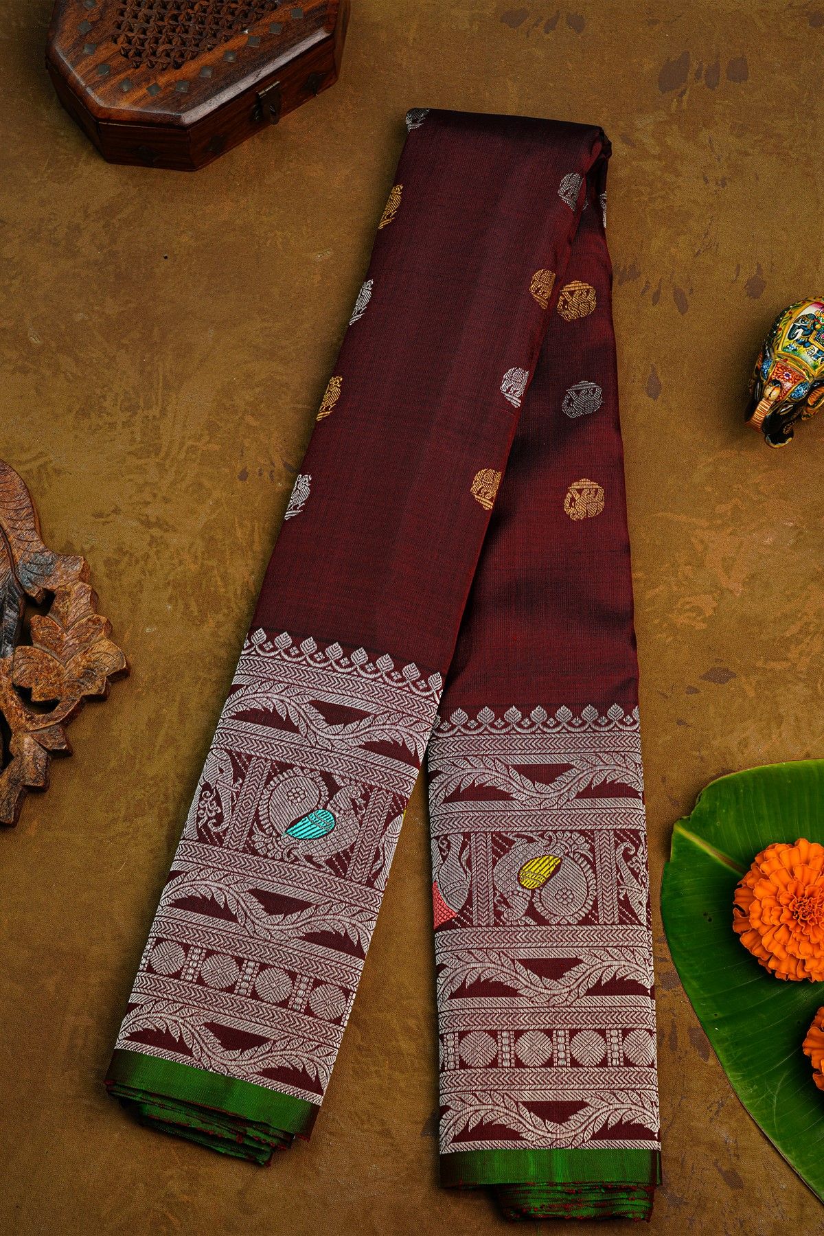 Gadwal Silk Dark Maroon Saree With Elephants And Peacocks Buttis Body