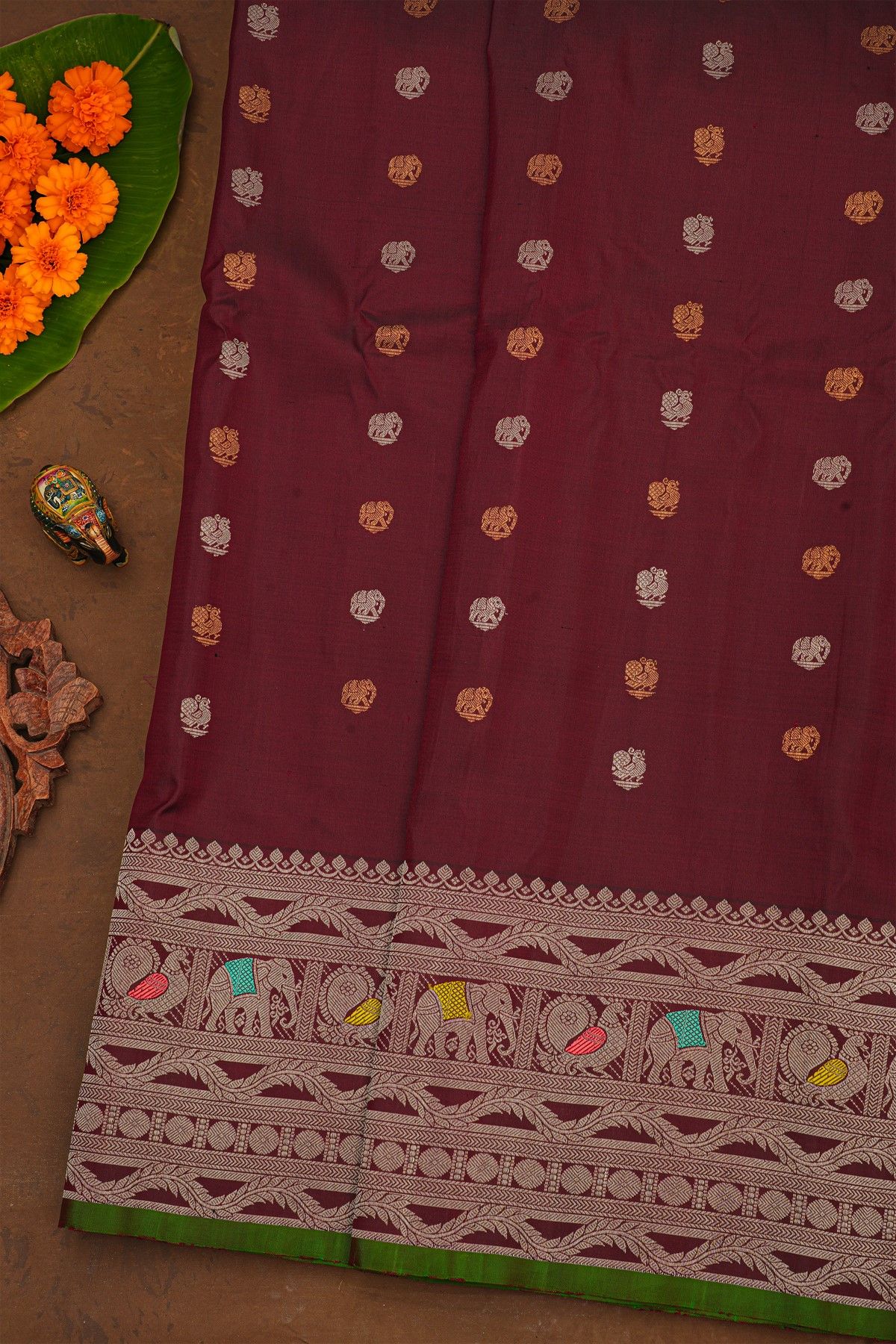 Gadwal Silk Dark Maroon Saree With Elephants And Peacocks Buttis Body