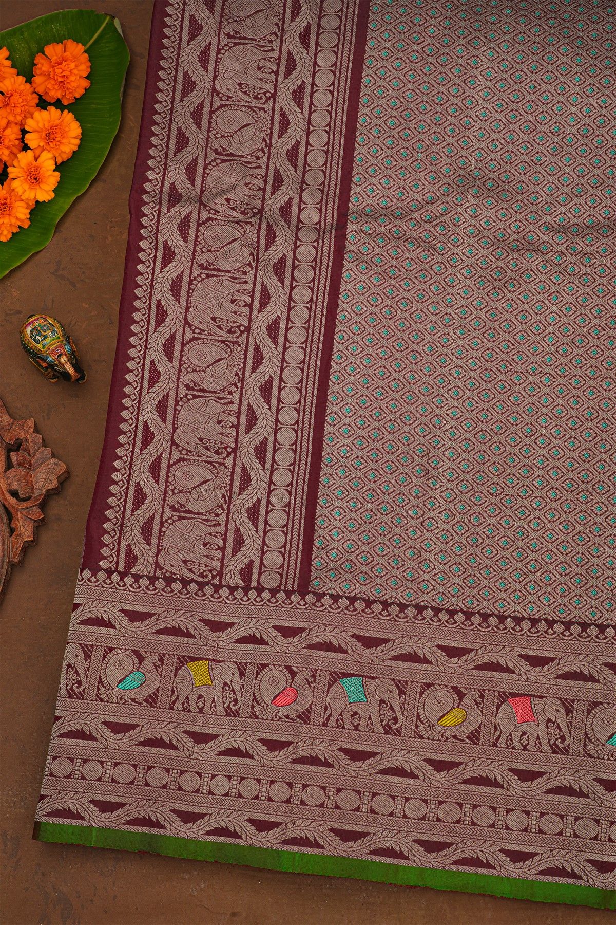 Gadwal Silk Dark Maroon Saree With Elephants And Peacocks Buttis Body