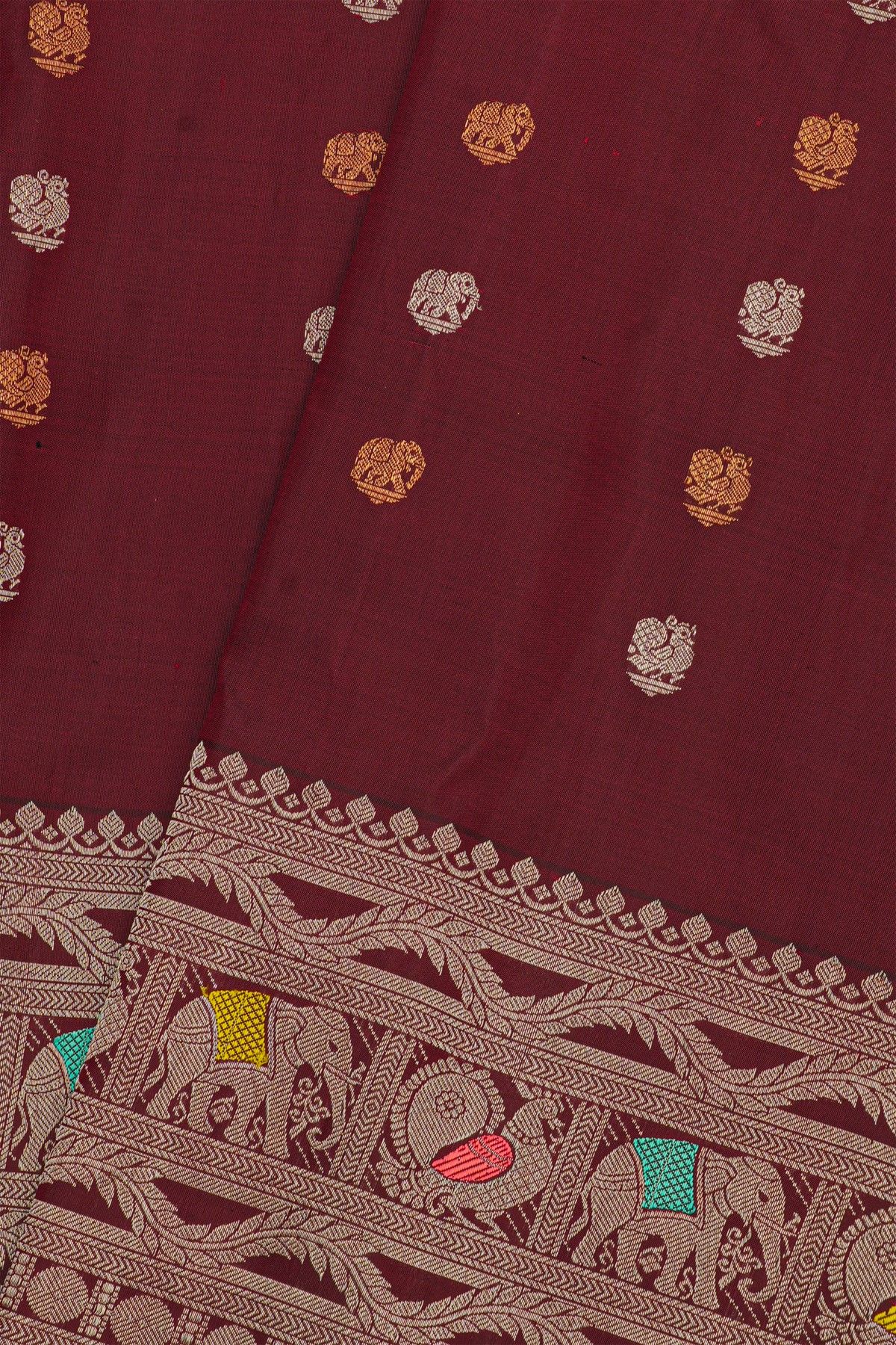 Gadwal Silk Dark Maroon Saree With Elephants And Peacocks Buttis Body
