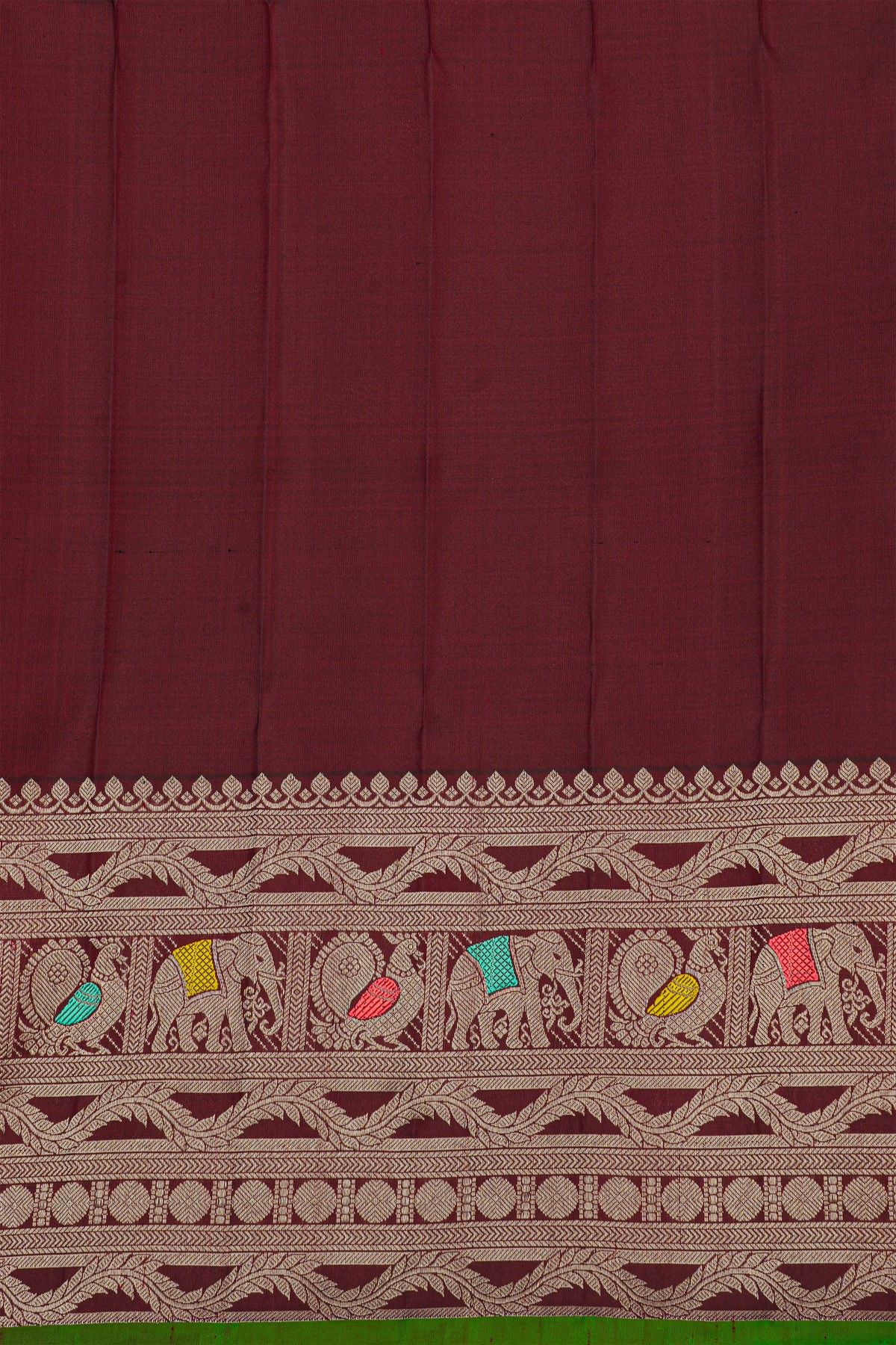 Gadwal Silk Dark Maroon Saree With Elephants And Peacocks Buttis Body
