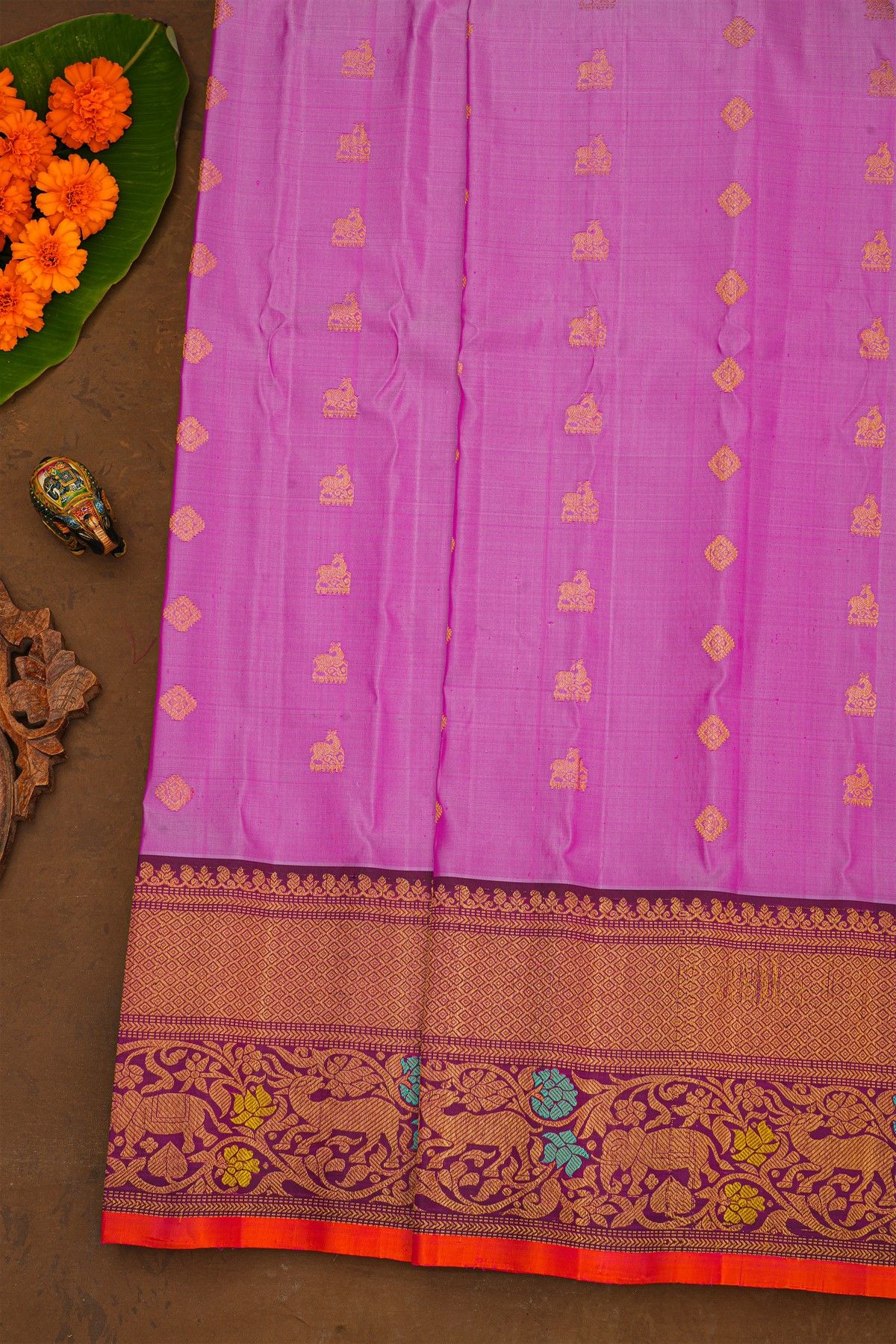 Gadwal Silk Dark Pink Saree With Florals And Buttis Body