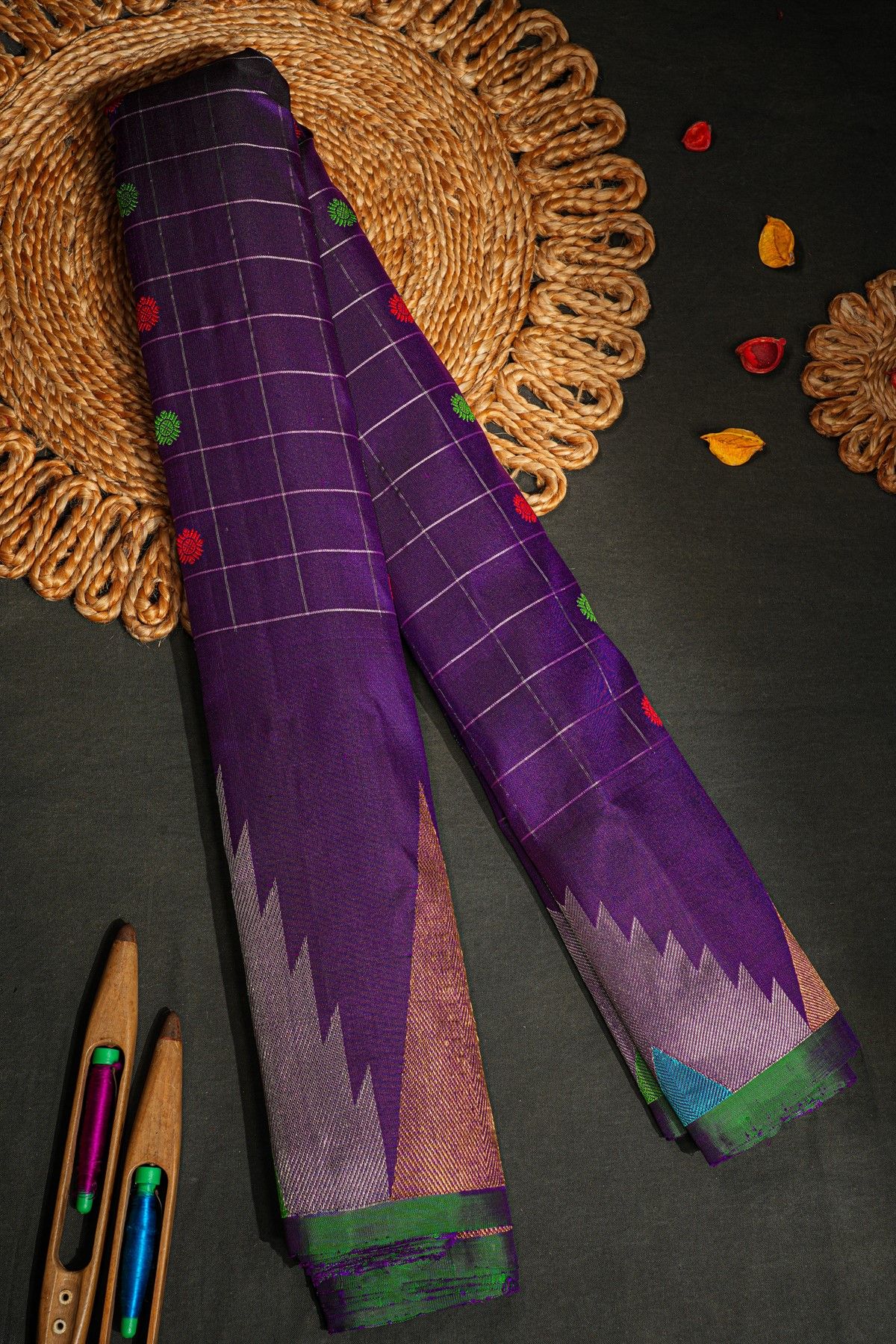 Gadwal Silk Violet Saree With Temple Border