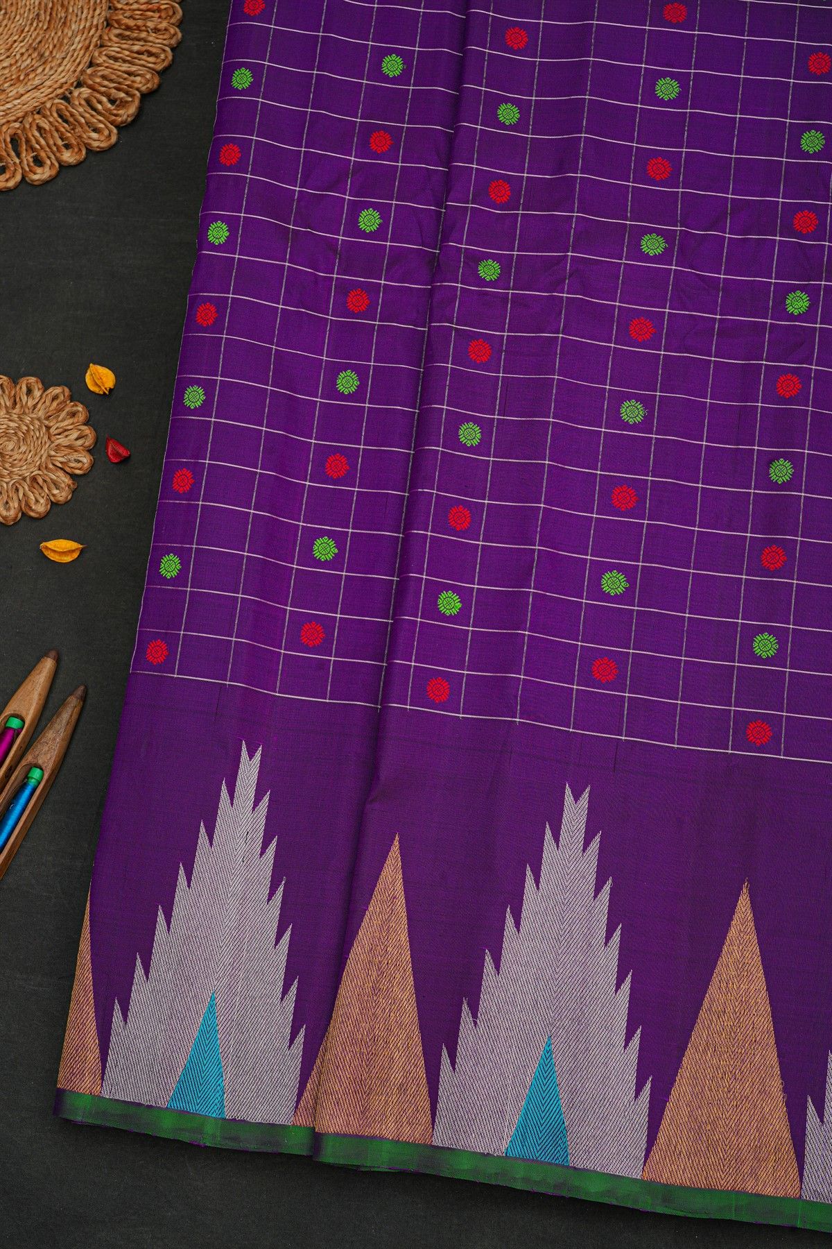 Gadwal Silk Violet Saree With Temple Border