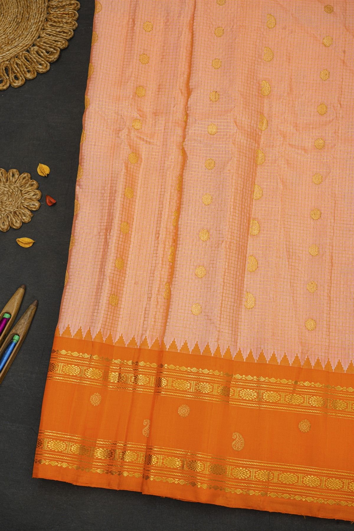 Gadwal Silk Peach Saree With Florals And Mango Paislyes Border