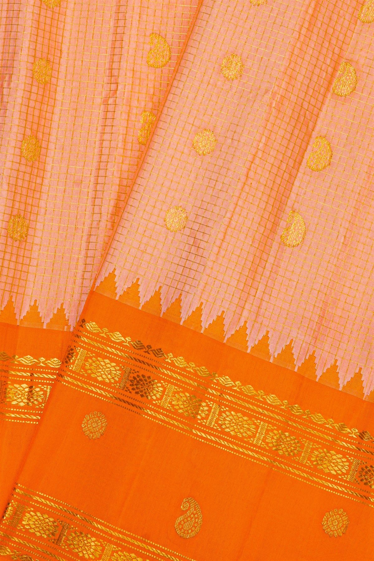 Gadwal Silk Peach Saree With Florals And Mango Paislyes Border