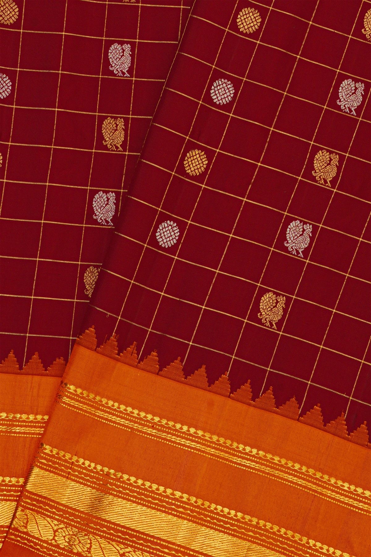 Gadwal Silk Maroon Saree With Florals In Zari Checks And Contrast Border