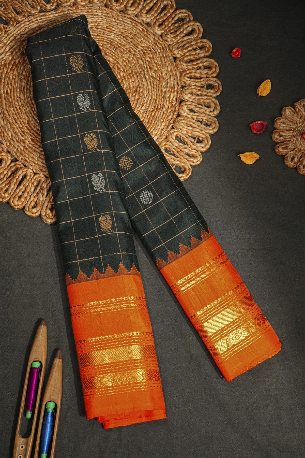 Gadwal Silk Black Saree With Contrast Temple Border
