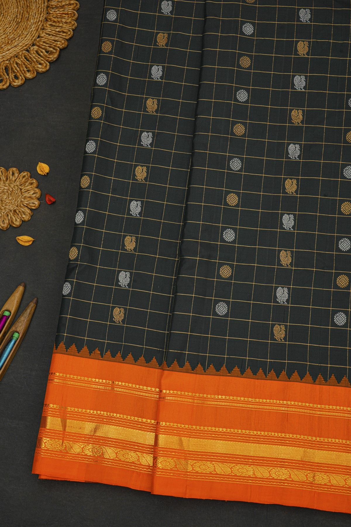 Gadwal Silk Black Saree With Contrast Temple Border