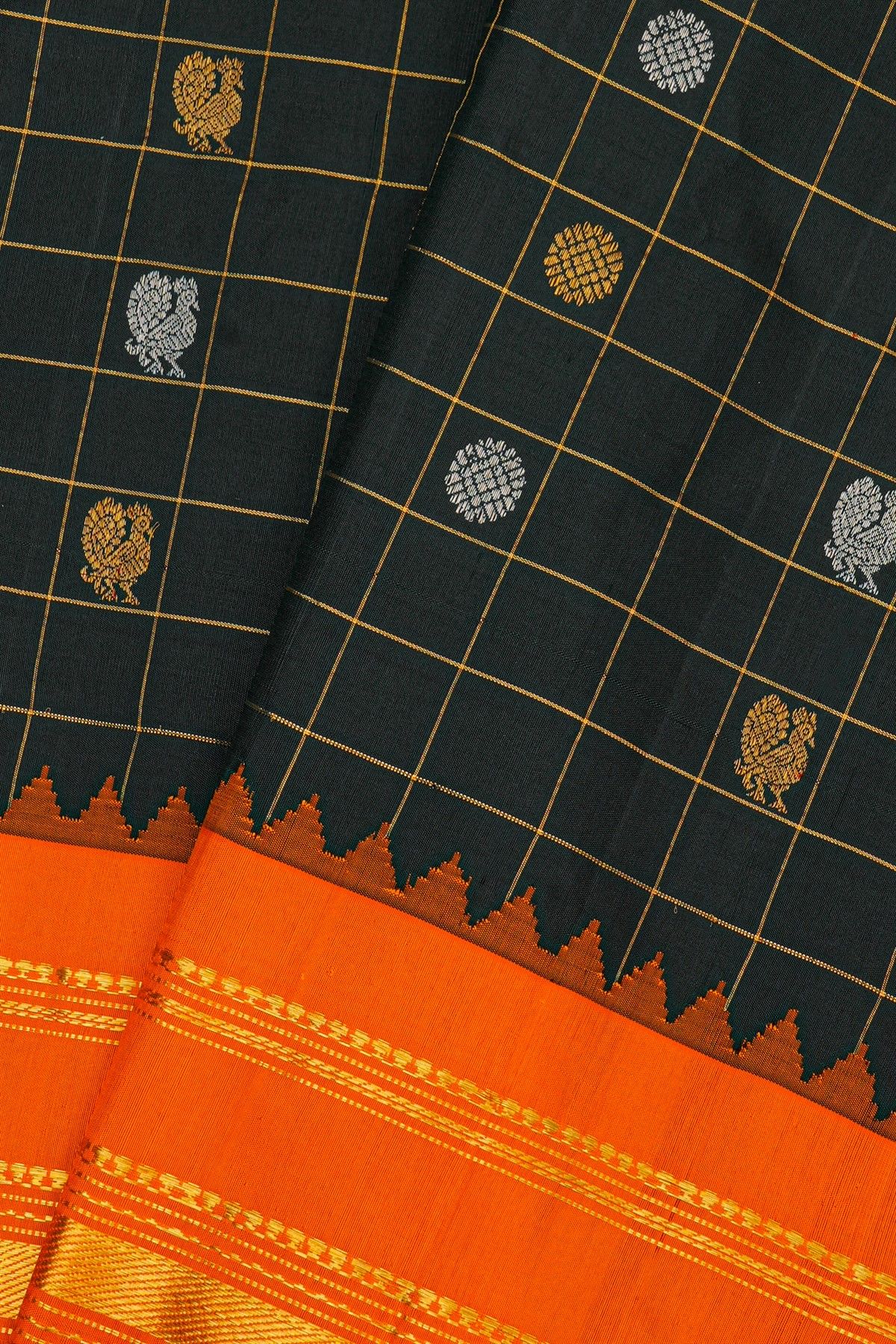 Gadwal Silk Black Saree With Contrast Temple Border