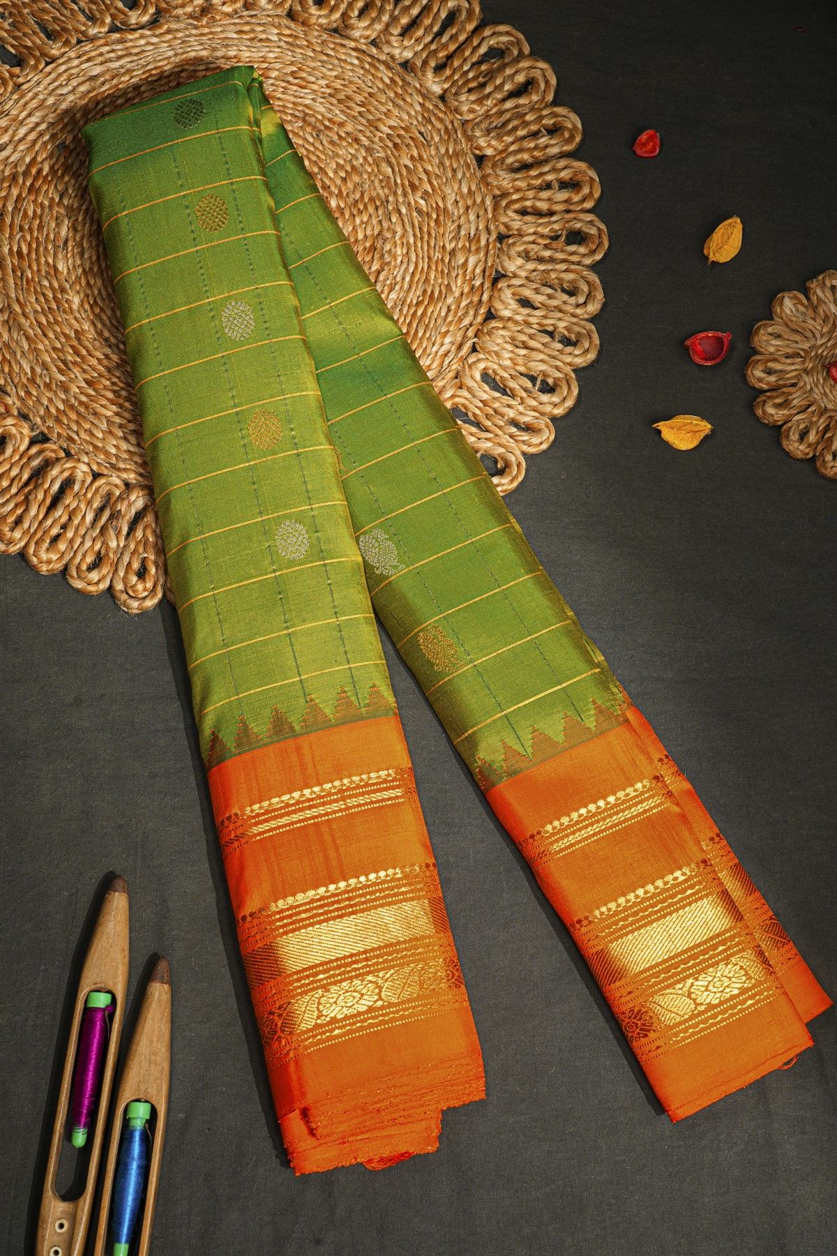 Gadwal Silk Lime Green Saree With Temple Border