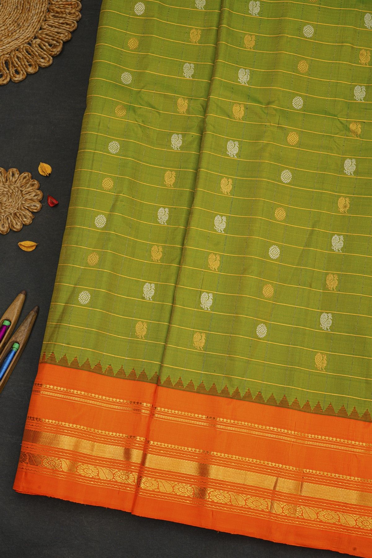 Gadwal Silk Lime Green Saree With Temple Border
