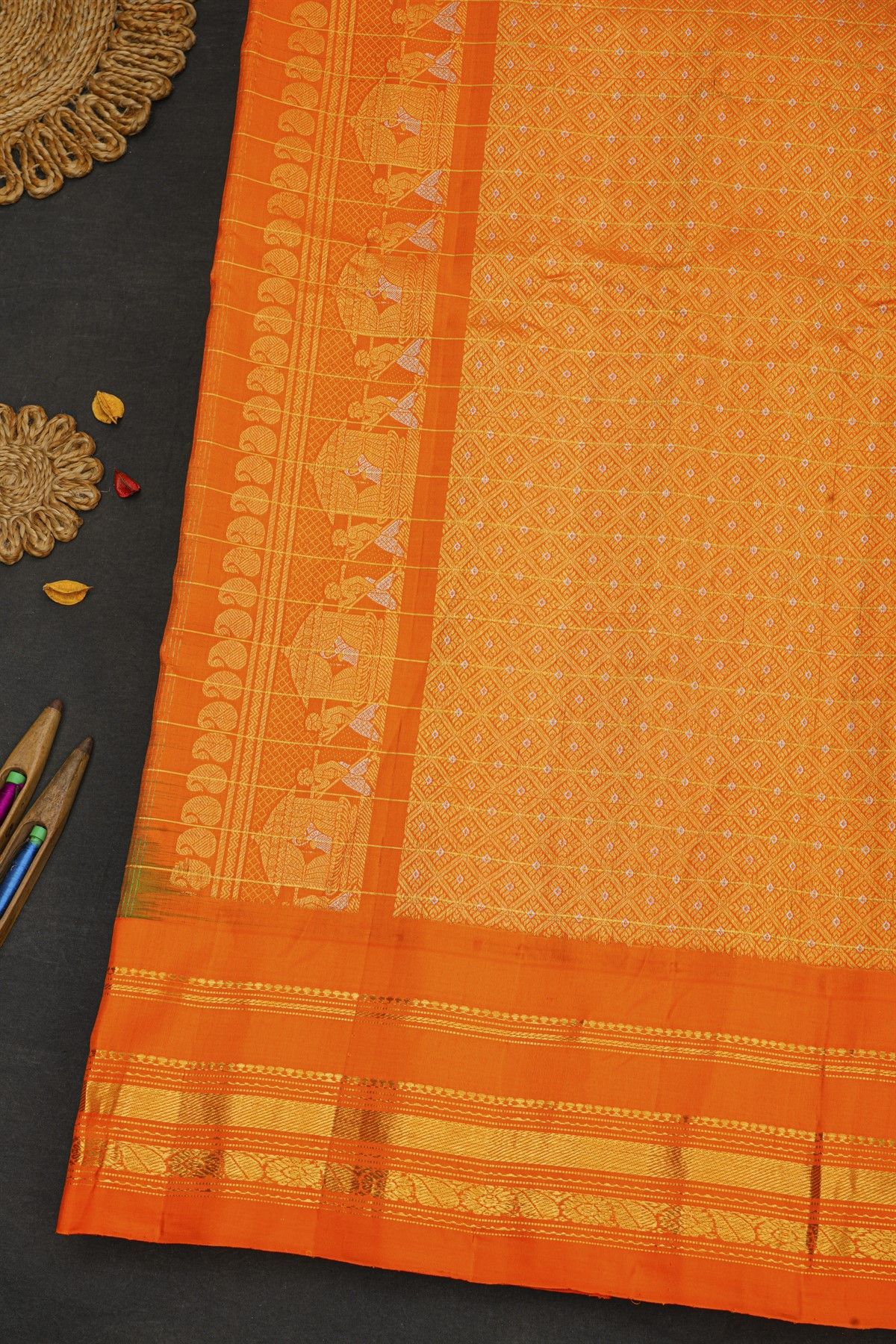 Gadwal Silk Lime Green Saree With Temple Border