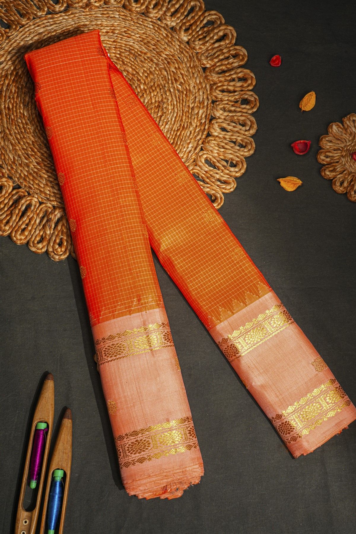 Gadwal Silk Orange Saree With Contrast Gap Border