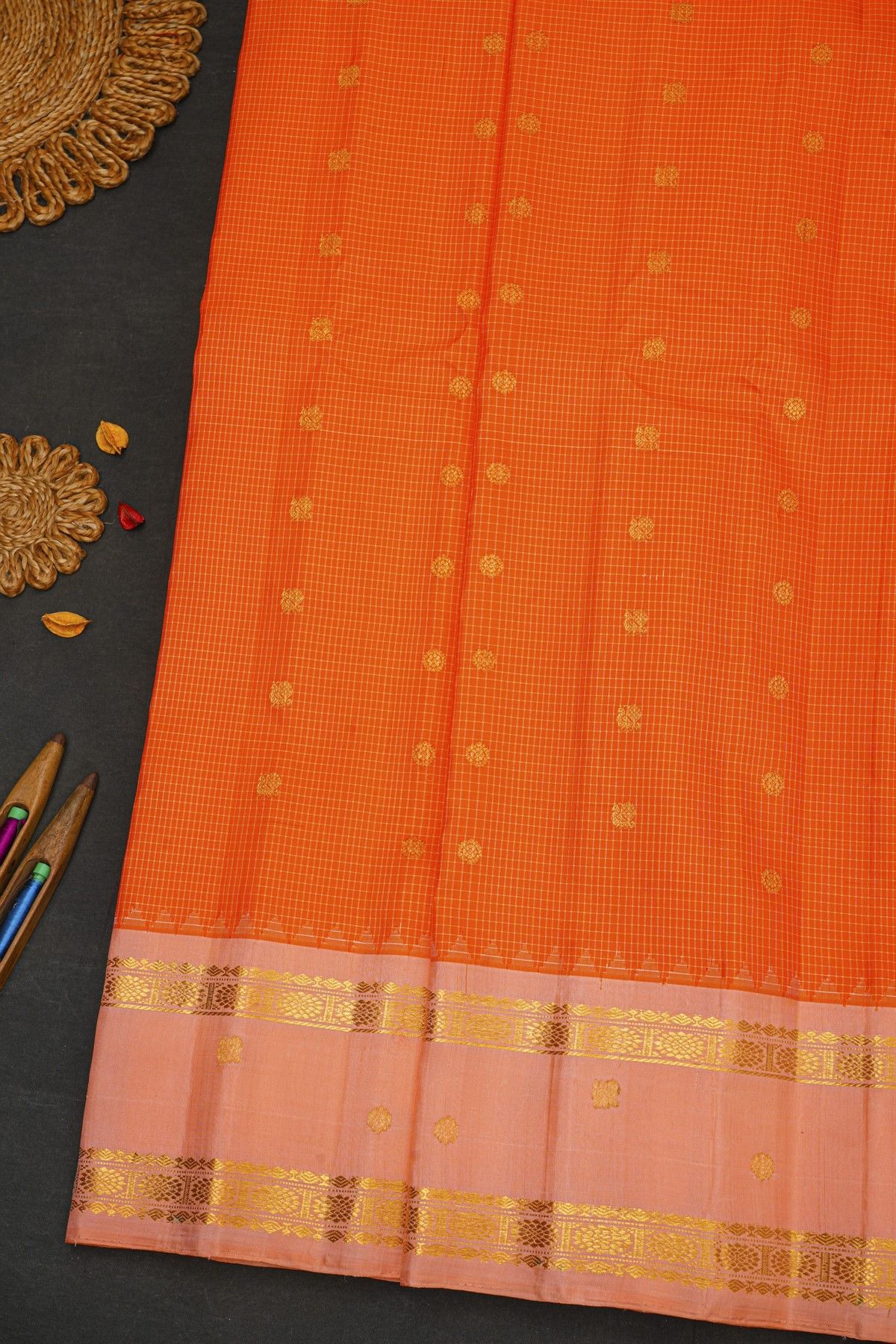 Gadwal Silk Orange Saree With Contrast Gap Border