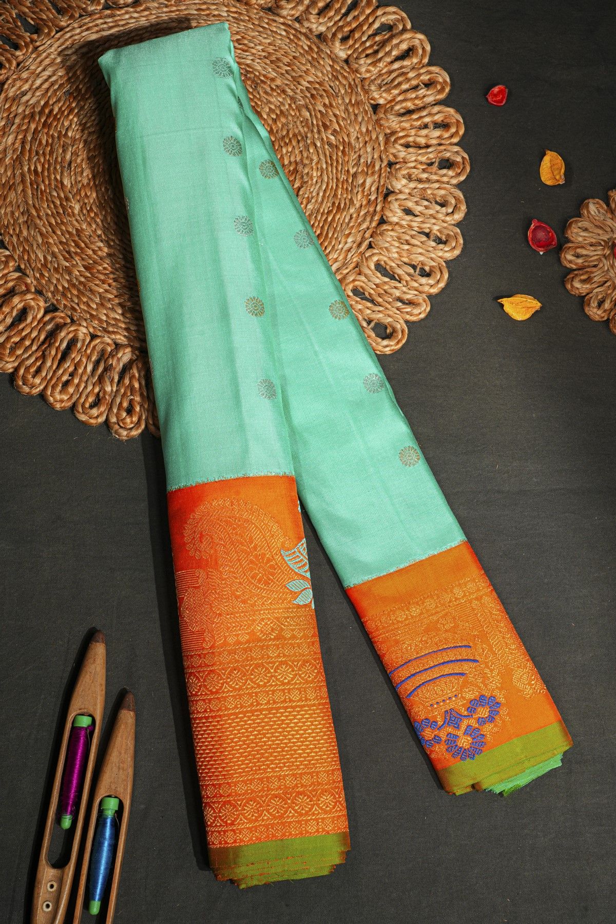 Gadwal Silk Mint Green Saree With Meenakari Border