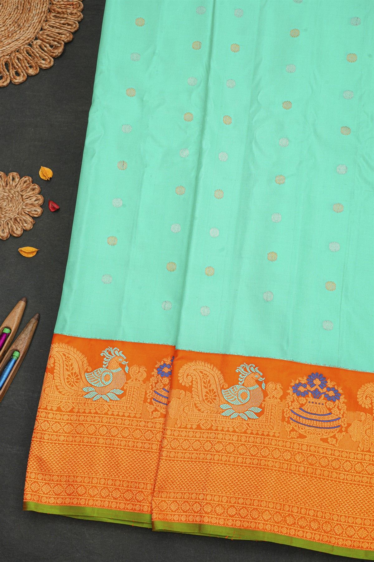 Gadwal Silk Mint Green Saree With Meenakari Border