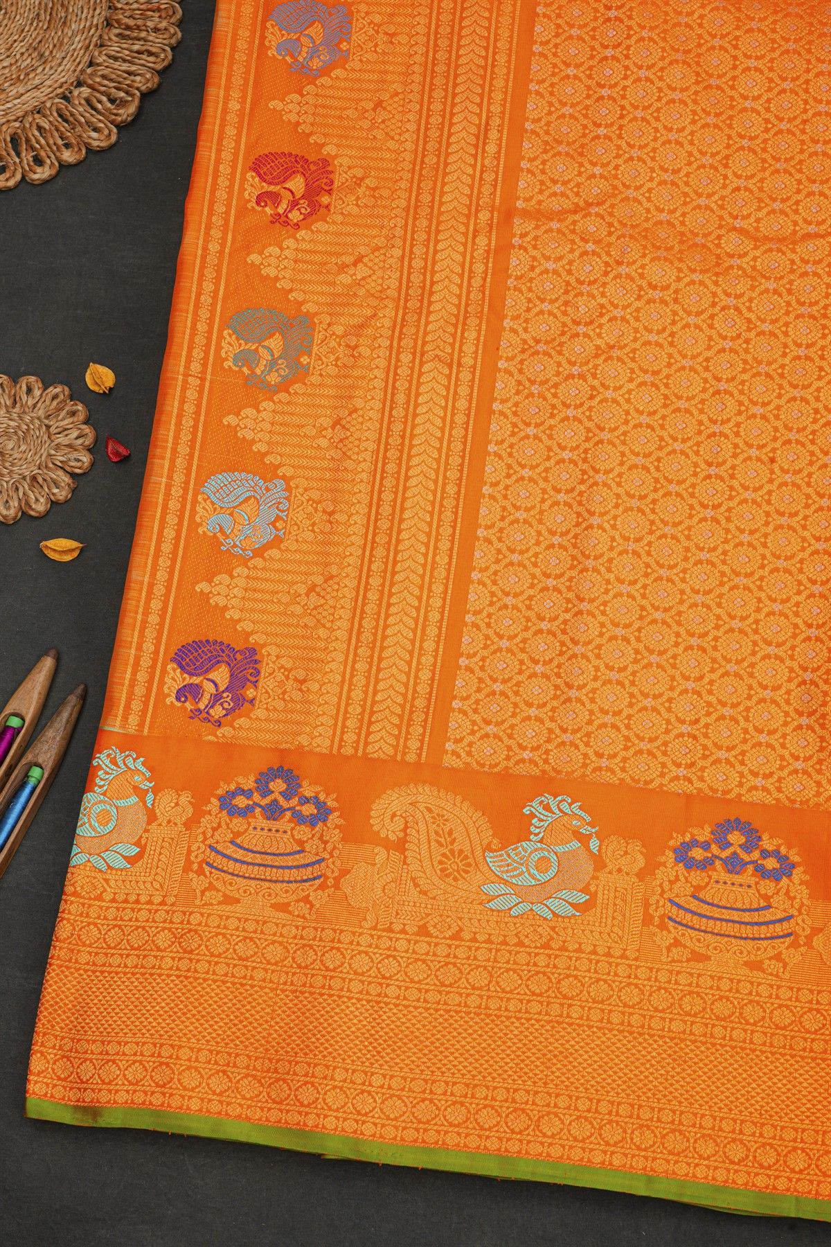 Gadwal Silk Mint Green Saree With Meenakari Border