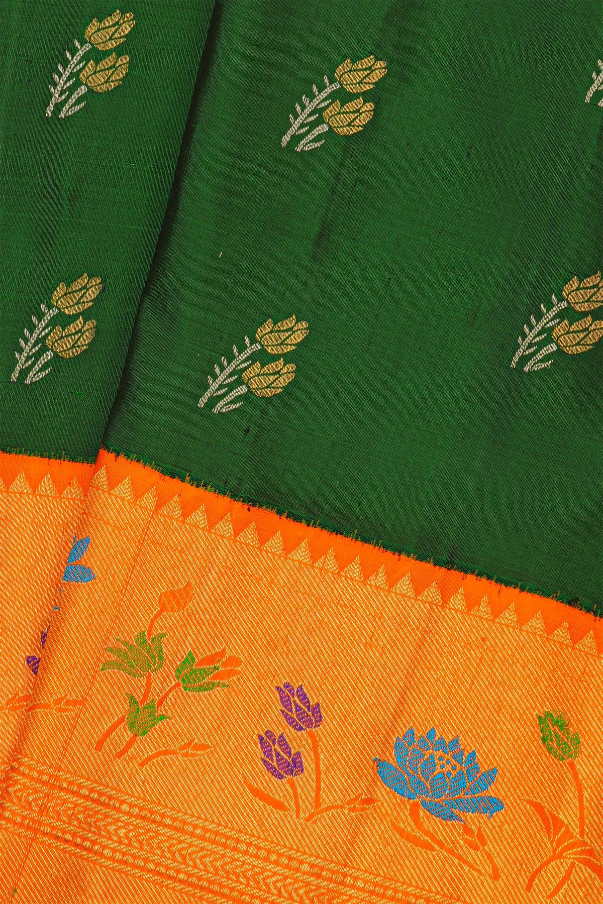 Gadwal Silk Bottle Green Saree With Meenakari Border
