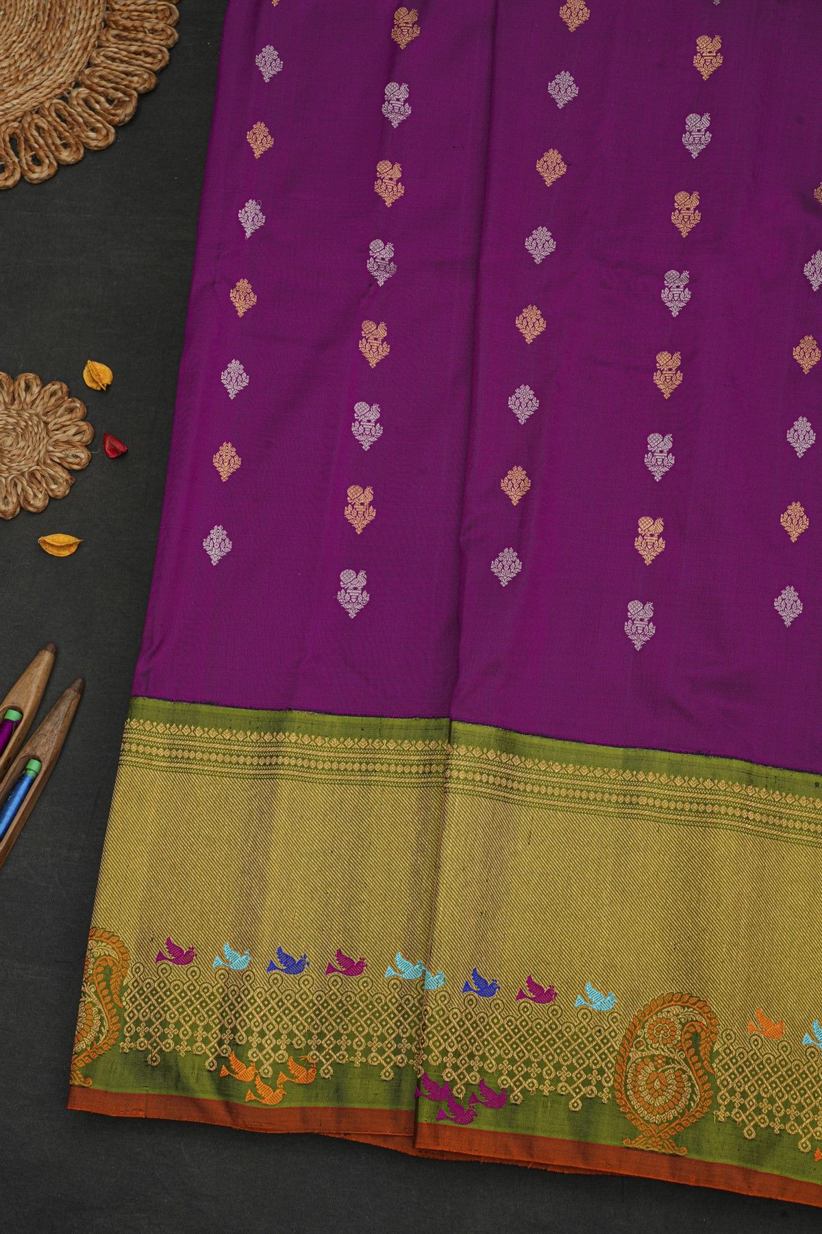 Gadwal Silk Violet Saree With Meenakari Border