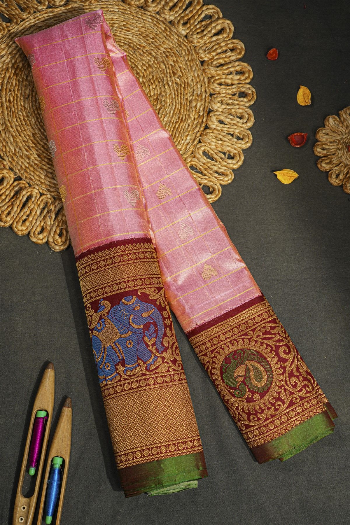 Gadwal Silk Baby Pink Saree With Elephants And Peacocks Border