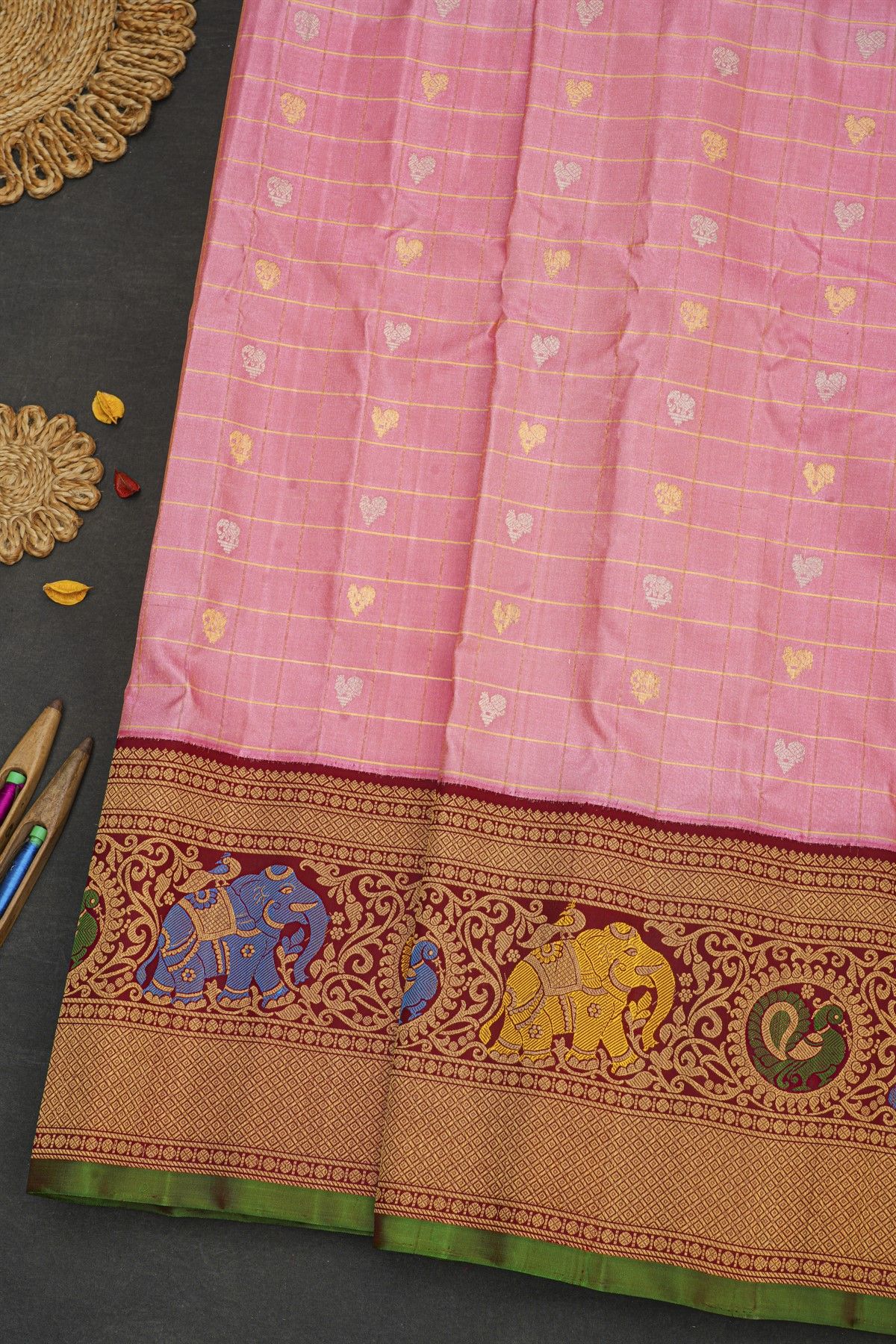 Gadwal Silk Baby Pink Saree With Elephants And Peacocks Border
