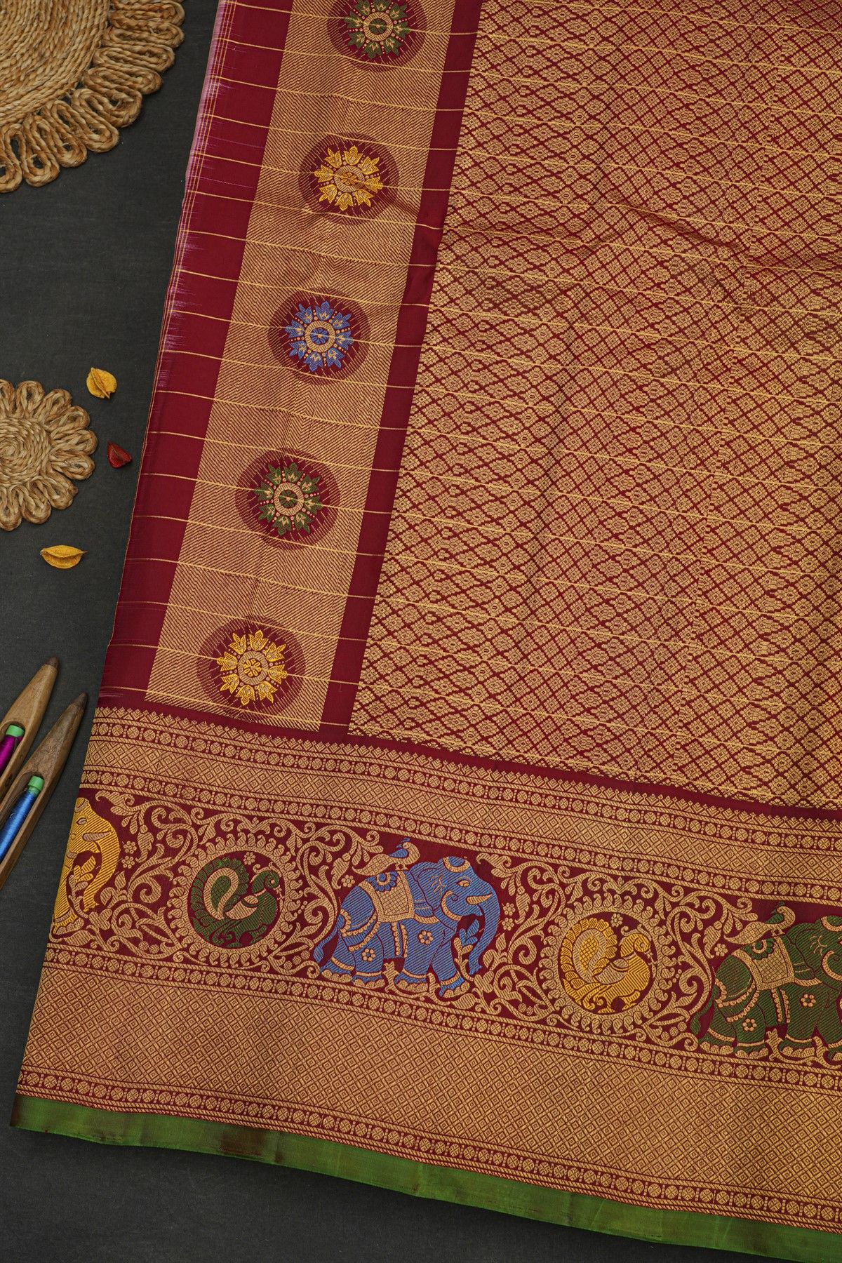 Gadwal Silk Baby Pink Saree With Elephants And Peacocks Border