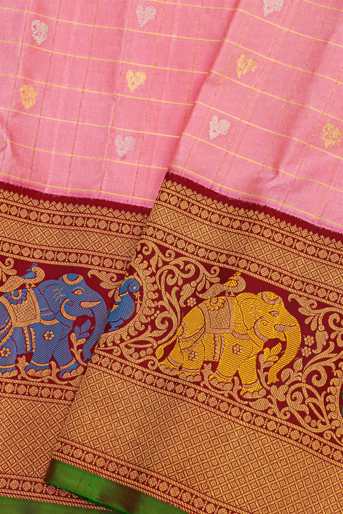 Gadwal Silk Baby Pink Saree With Elephants And Peacocks Border