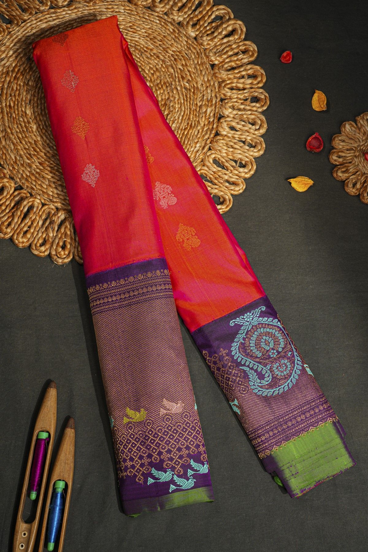 Gadwal Silk Dual Colour Saree With Birds And Paisley Border