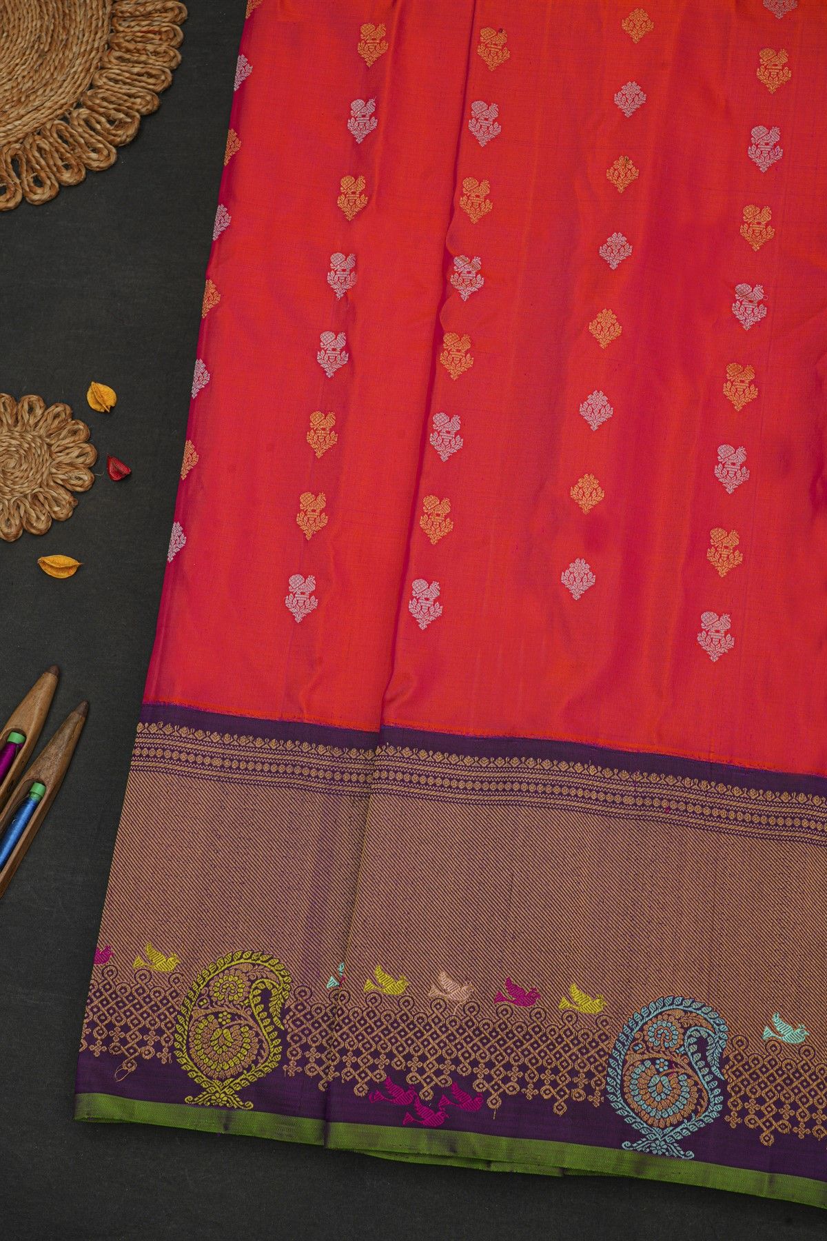 Gadwal Silk Dual Colour Saree With Birds And Paisley Border
