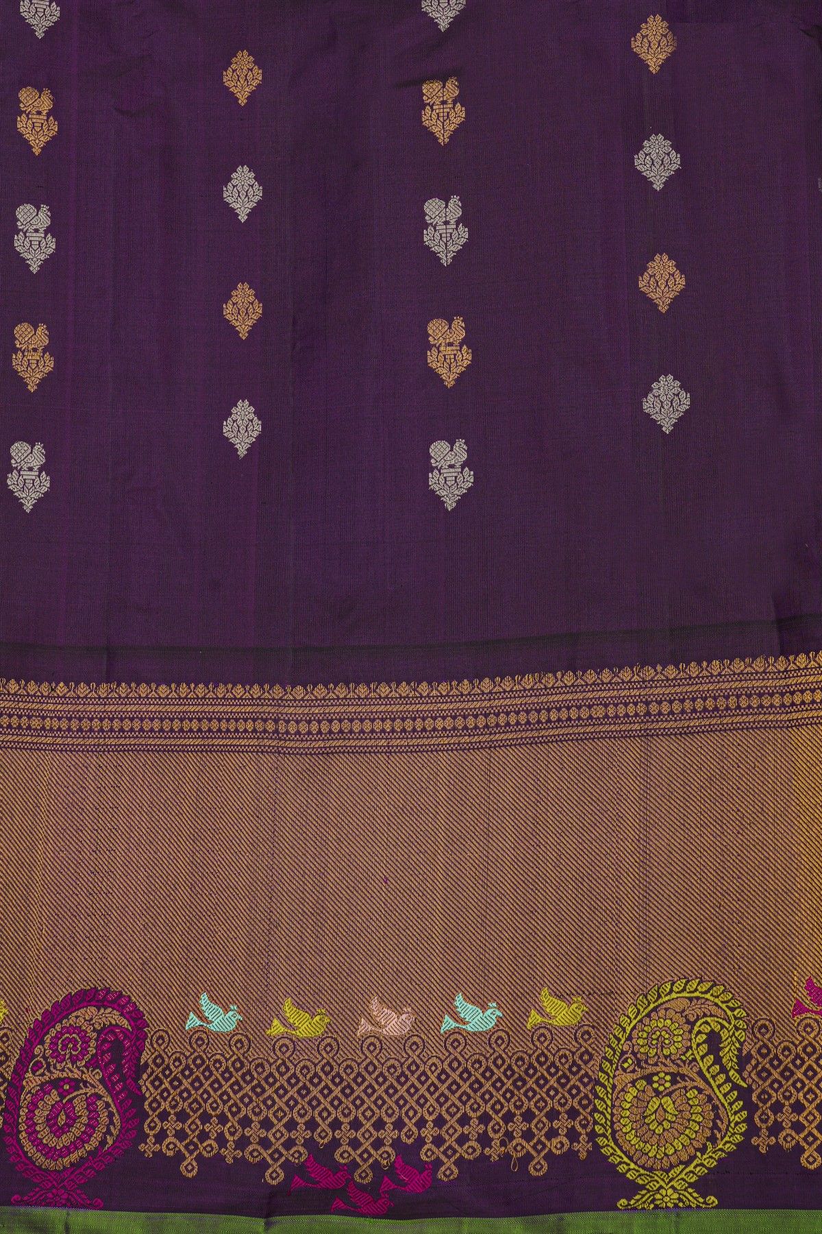 Gadwal Silk Dual Colour Saree With Birds And Paisley Border