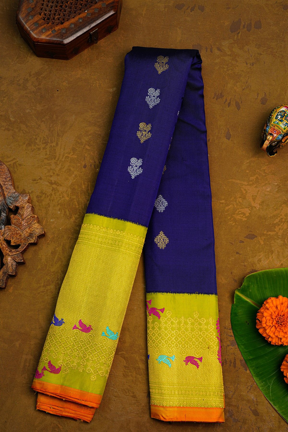 Gadwal Silk Royal Blue Saree With Meenakari Birds Border