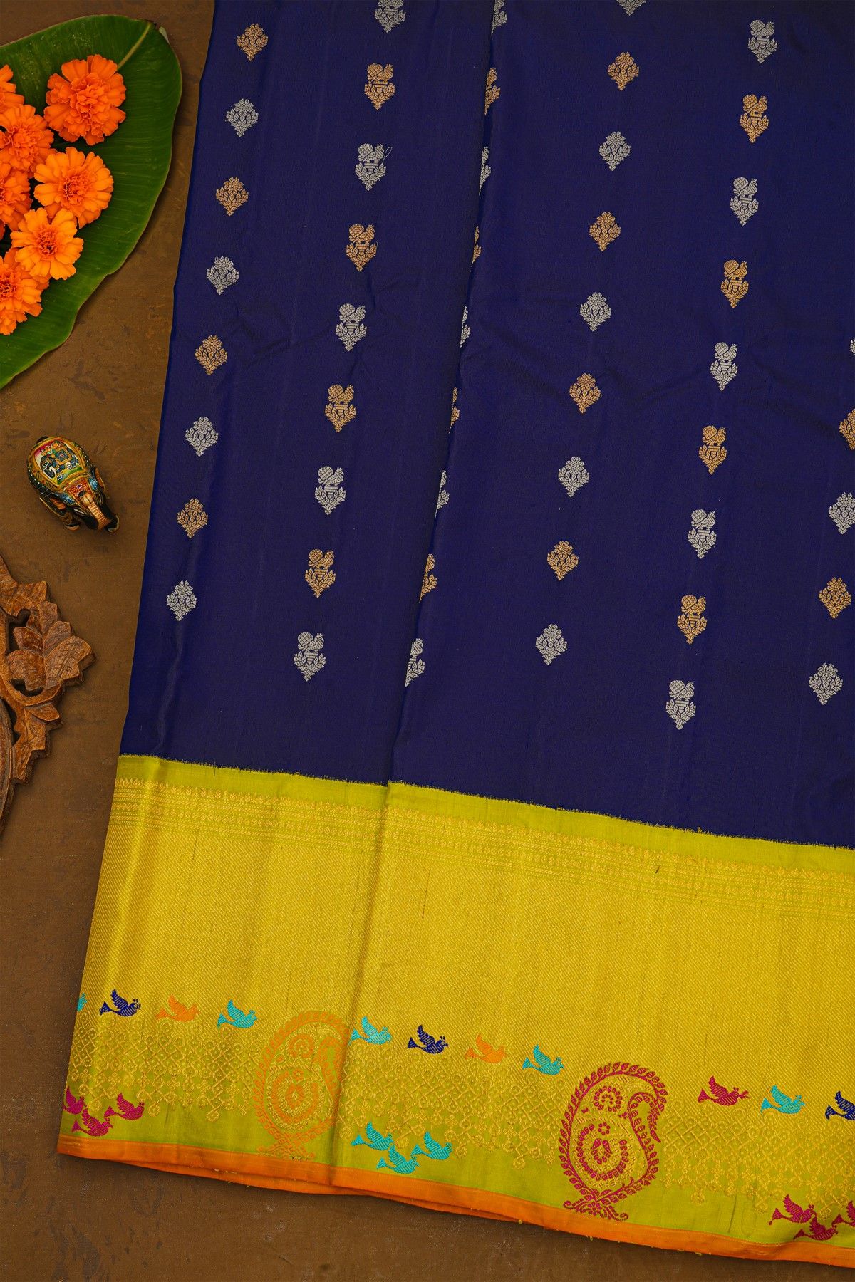 Gadwal Silk Royal Blue Saree With Meenakari Birds Border