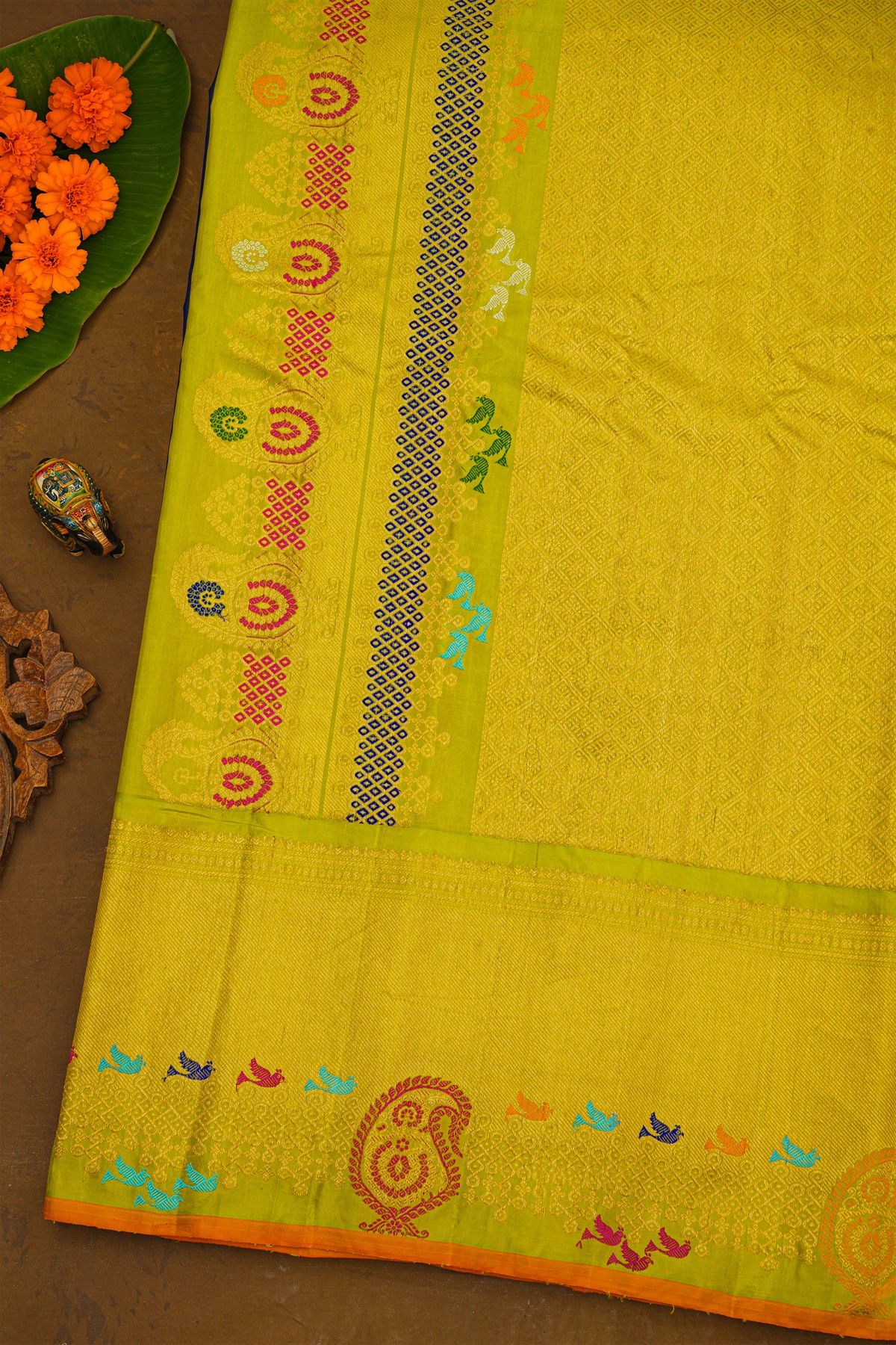 Gadwal Silk Royal Blue Saree With Meenakari Birds Border