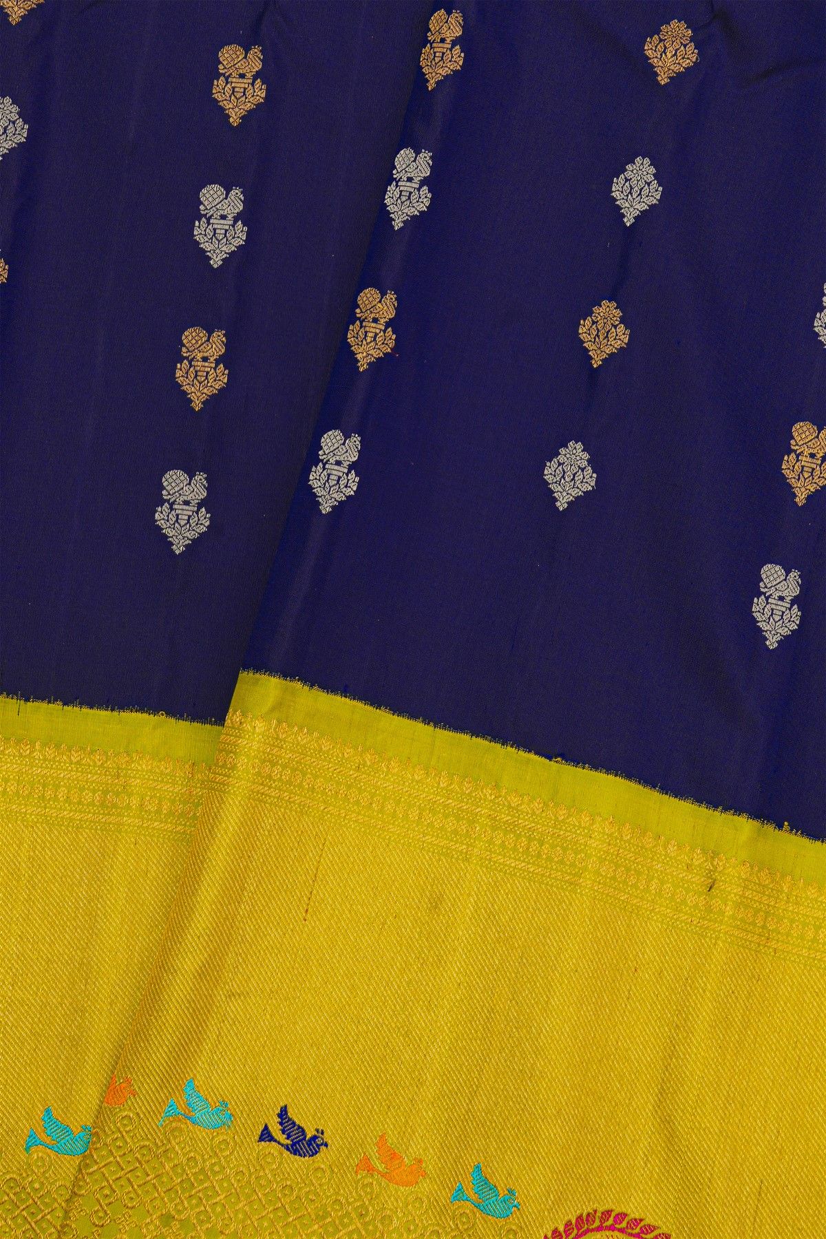 Gadwal Silk Royal Blue Saree With Meenakari Birds Border