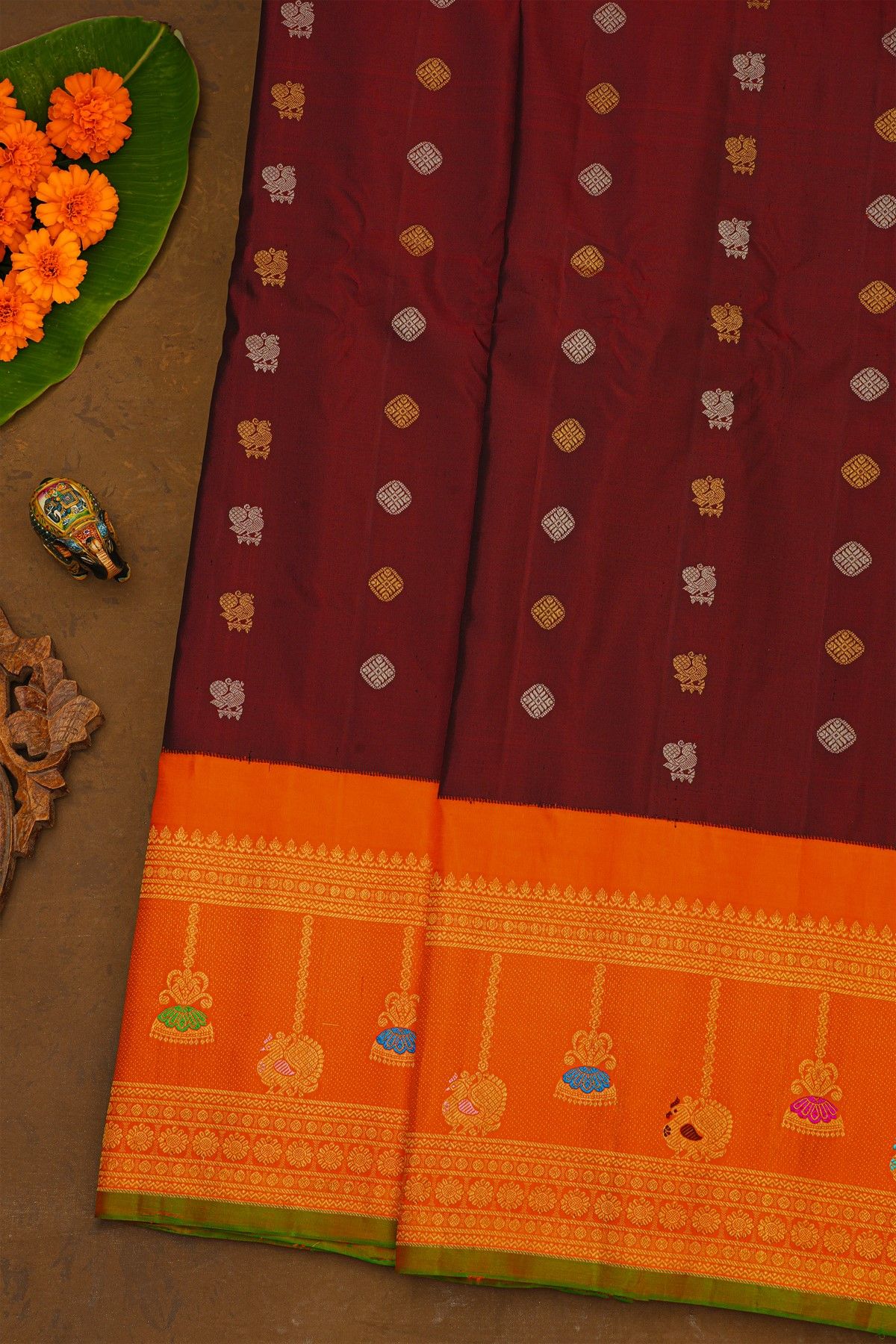 Gadwal Silk Dark Maroon Saree With Meenakari Orange Border