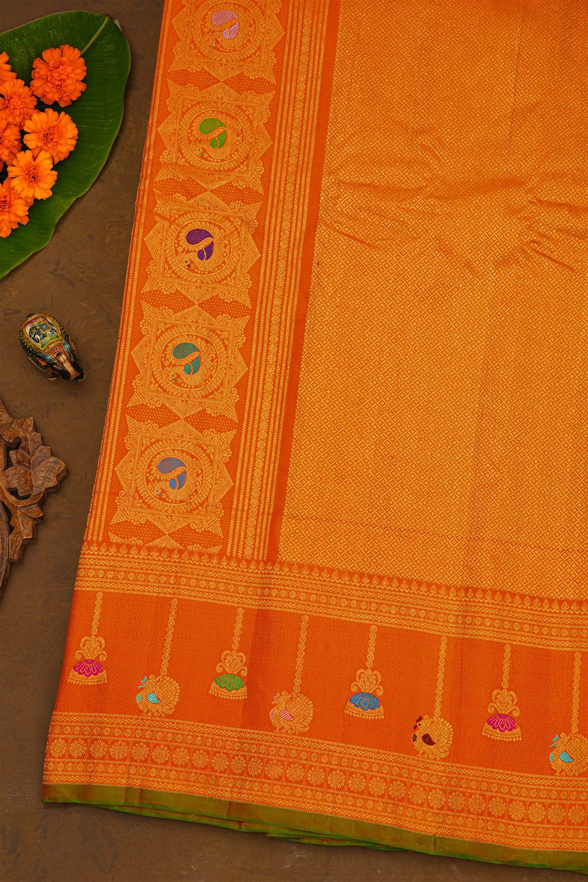 Gadwal Silk Dark Maroon Saree With Meenakari Orange Border