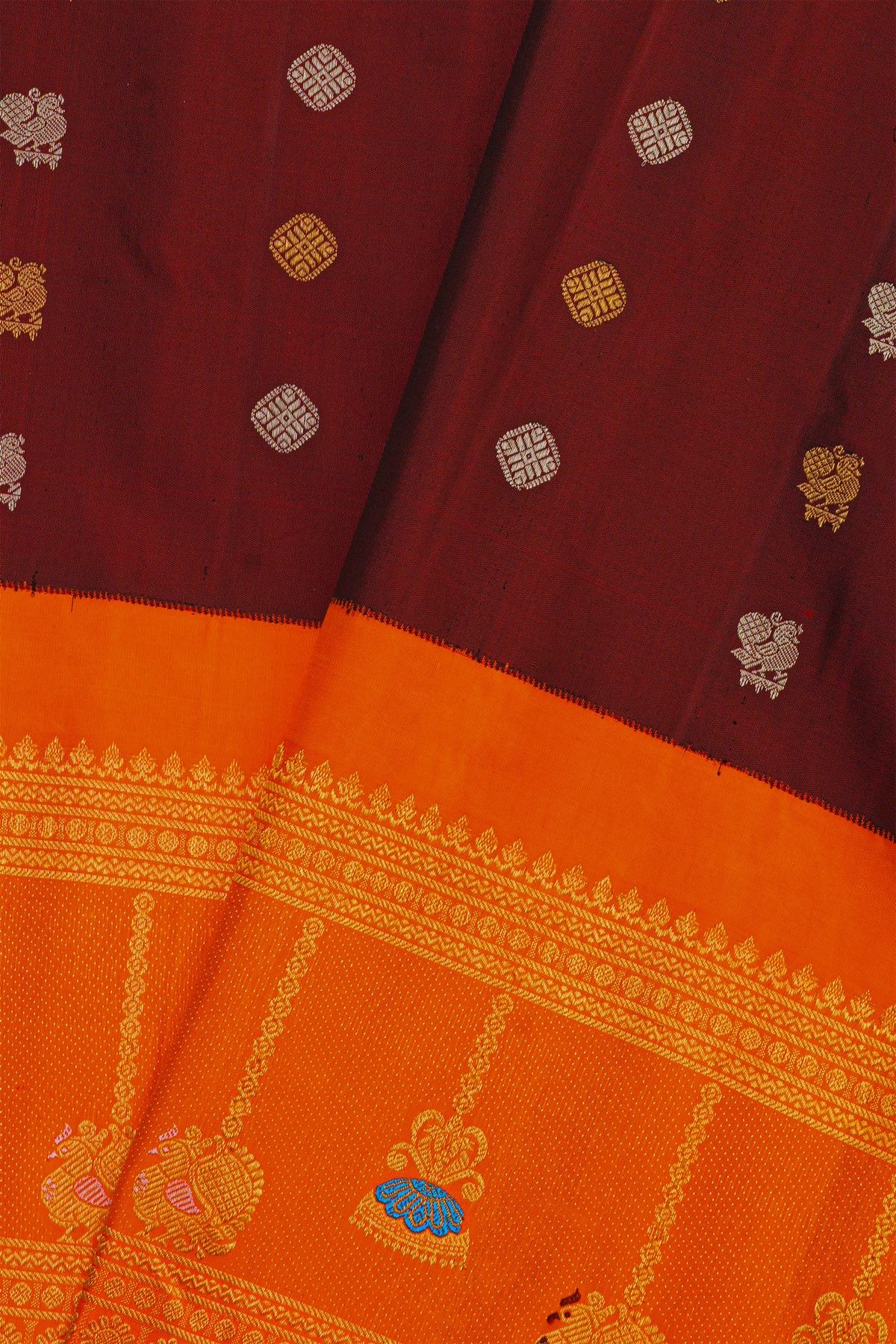 Gadwal Silk Dark Maroon Saree With Meenakari Orange Border
