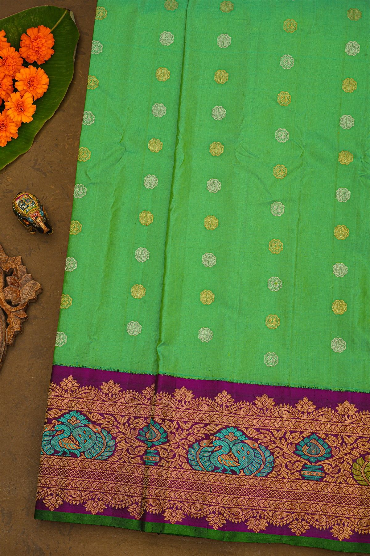 Gadwal Silk Parrot Green Saree With Meenakari Border