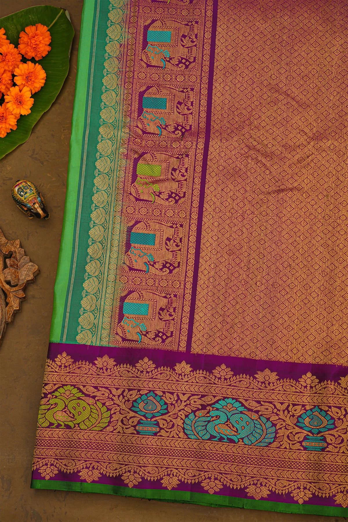 Gadwal Silk Parrot Green Saree With Meenakari Border