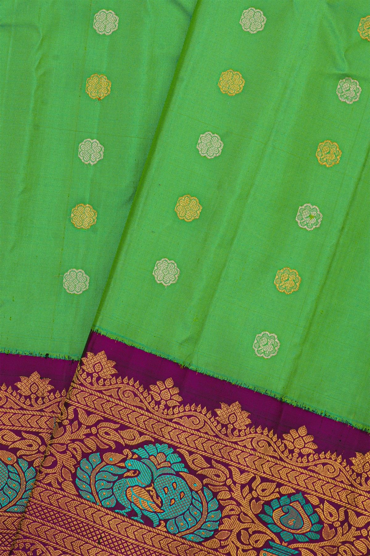Gadwal Silk Parrot Green Saree With Meenakari Border