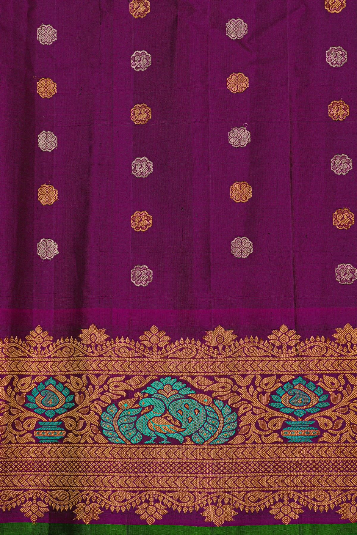 Gadwal Silk Parrot Green Saree With Meenakari Border