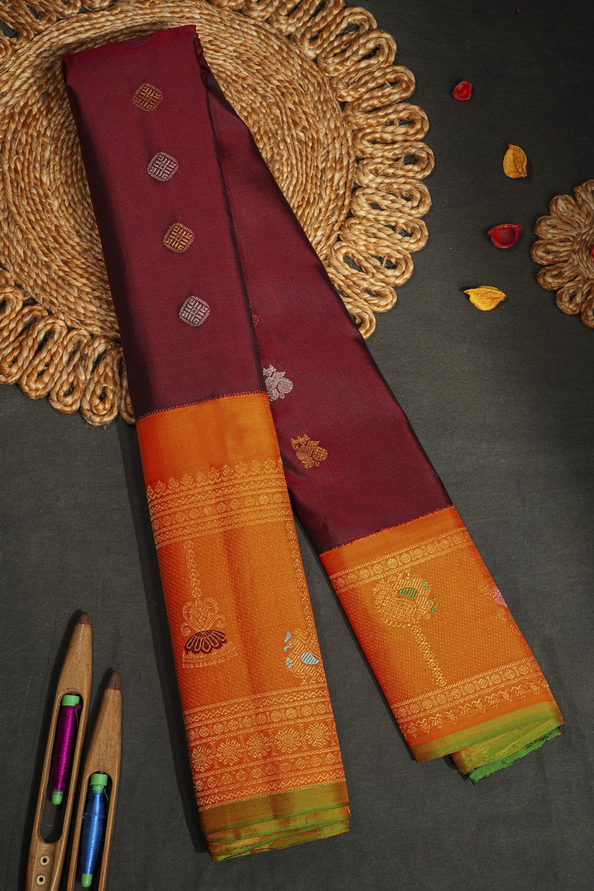 Gadwal Silk Dark Maroon Saree With Florals And Peacock Buttis Body