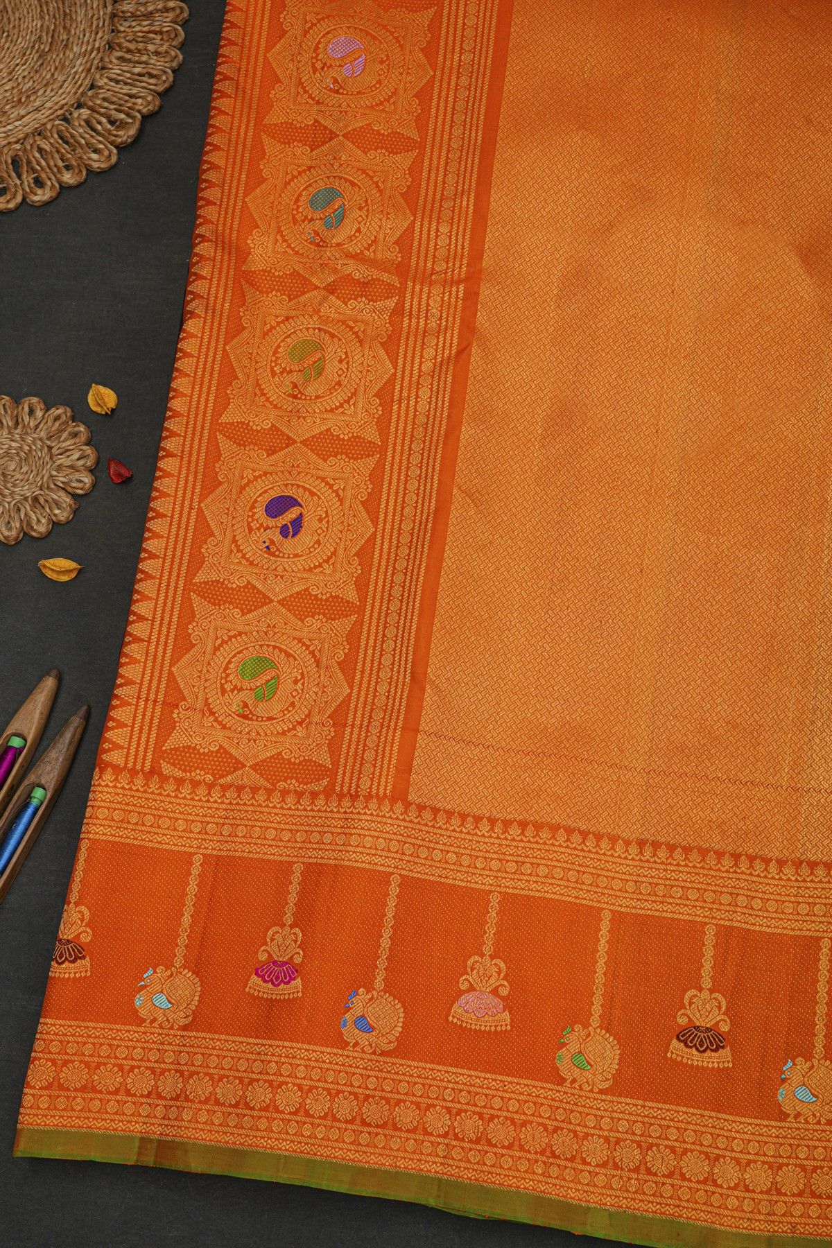 Gadwal Silk Dark Maroon Saree With Florals And Peacock Buttis Body
