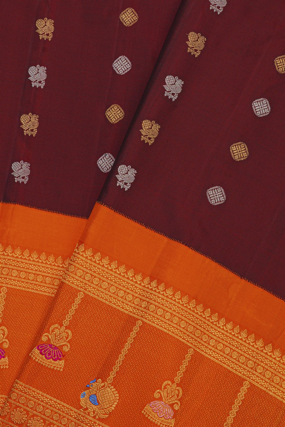 Gadwal Silk Dark Maroon Saree With Florals And Peacock Buttis Body