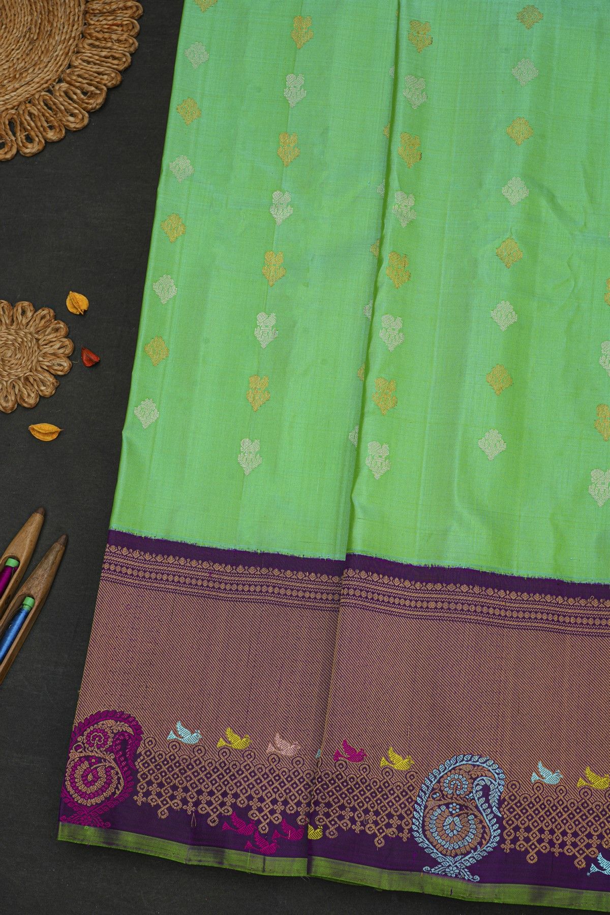 Gadwal Silk Lime Green Saree With Cross Lines Birds Zari Border