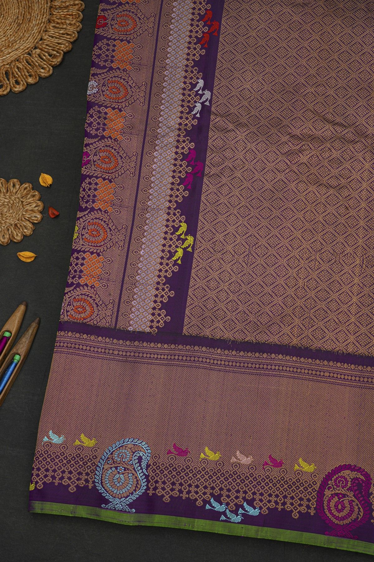 Gadwal Silk Lime Green Saree With Cross Lines Birds Zari Border